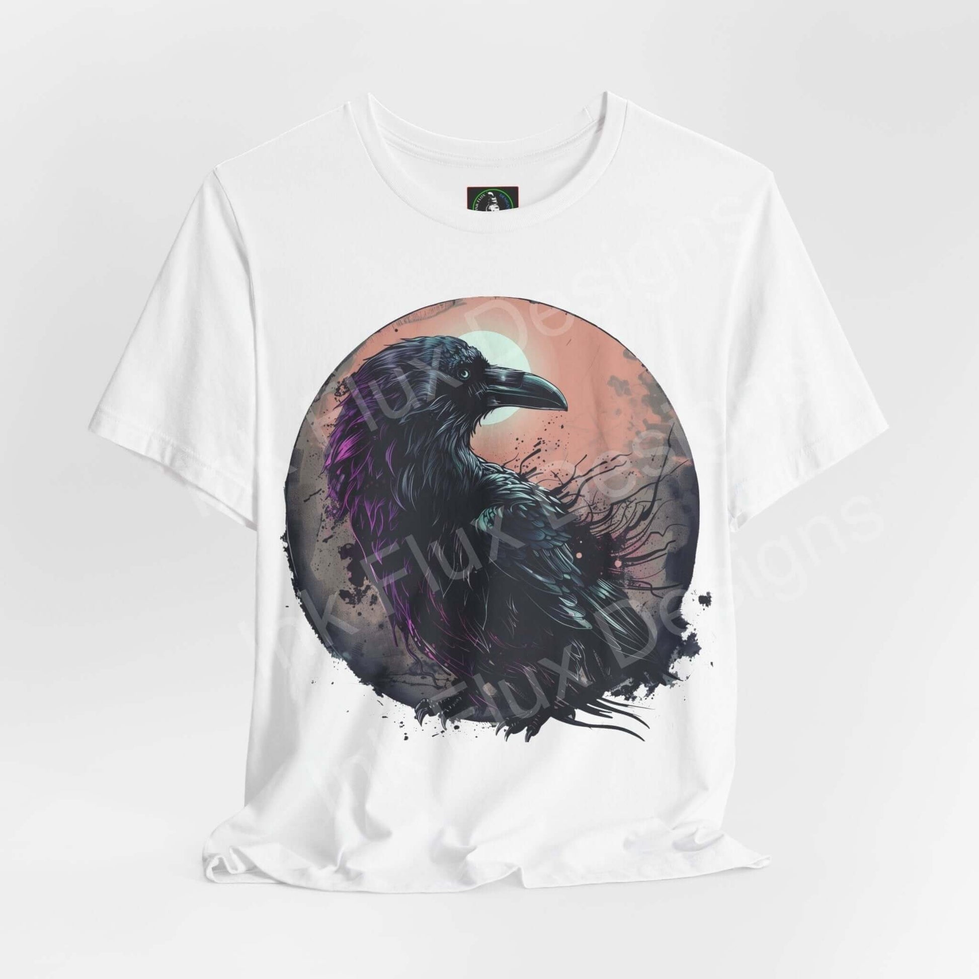 Stylish unisex white T-shirt featuring a striking graphic of a raven, ideal for lovers of spirit animals and ethically made clothing.