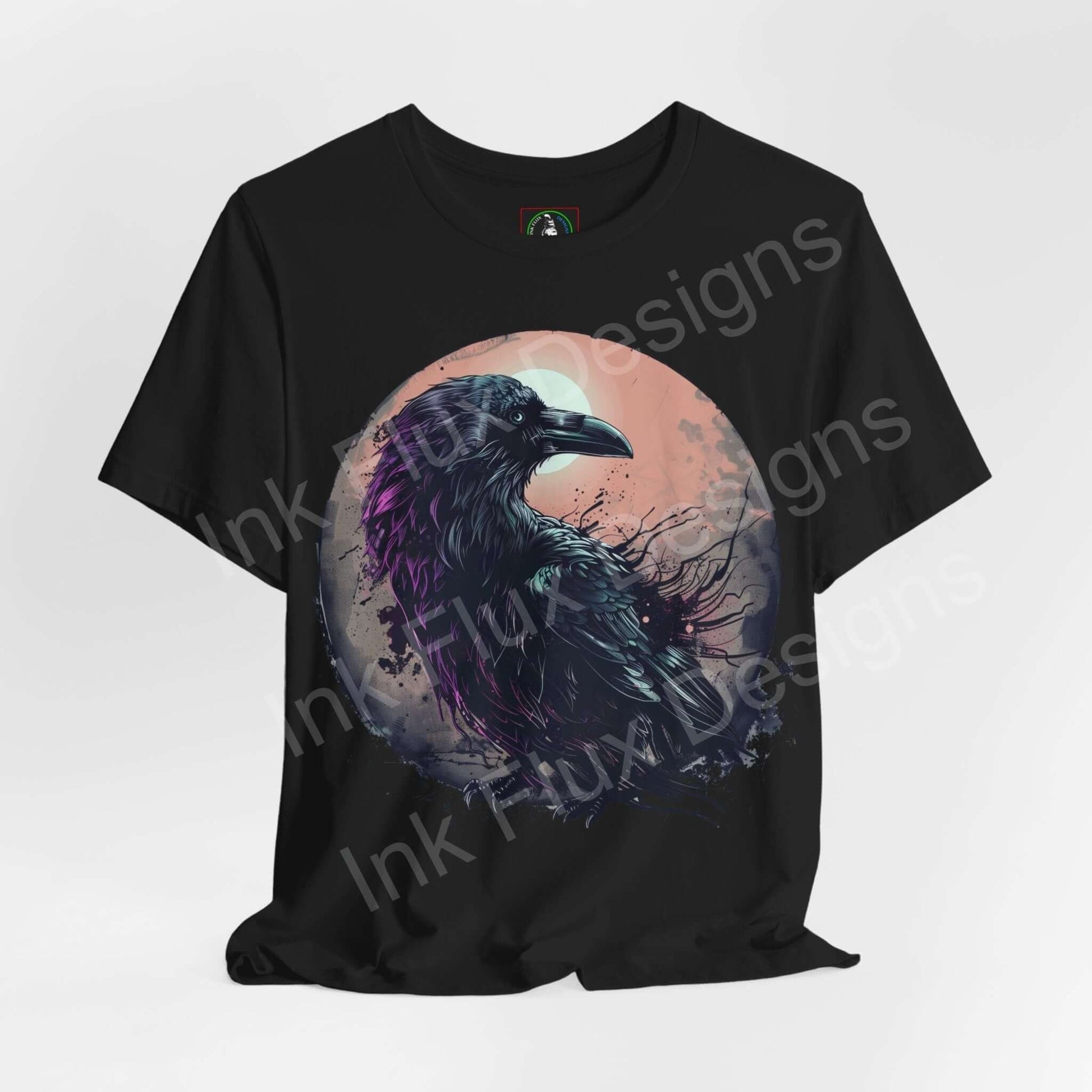 "Graphic Tee with a mystical raven design, featuring vibrant colors on a black unisex T-shirt, ideal for fans of spirit animals and stylish comfort."