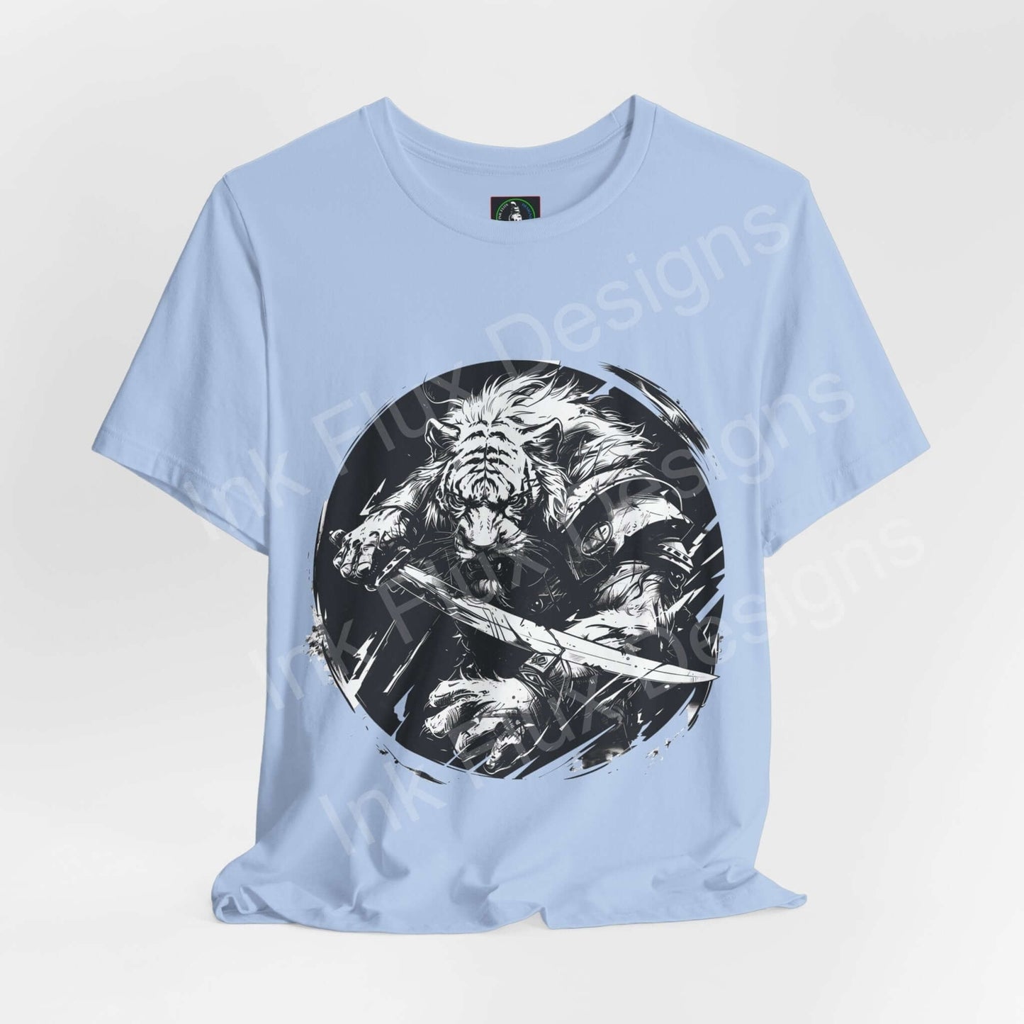 Light blue unisex T-shirt featuring a graphic of a fierce tiger warrior, crafted from breathable Airlume cotton, perfect for casual wear