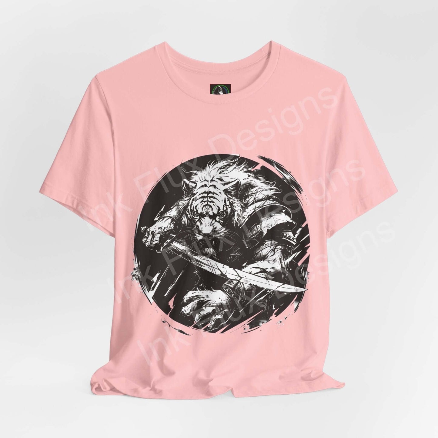 Pink unisex T-shirt featuring a graphic of a tiger warrior, part of the Tiger Warrior II collection by Bella+Canvas, emphasizing style and sustainability.