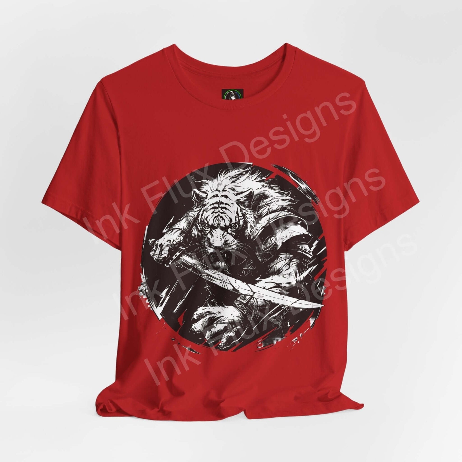 Red unisex T-shirt featuring a bold graphic of a tiger warrior in battle, from the Tiger Warrior II collection, designed for style and comfort.