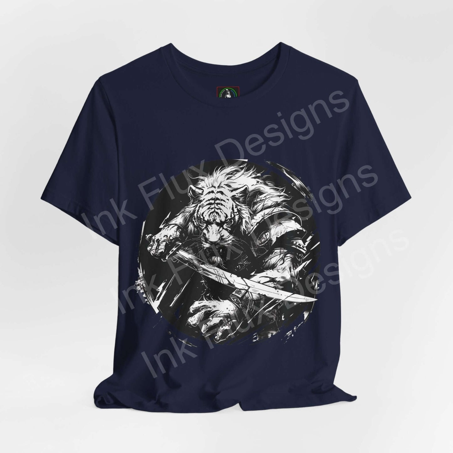 Navy blue unisex T-shirt featuring a graphic of a tiger warrior, perfect for fans of spirit animals and graphic tees.