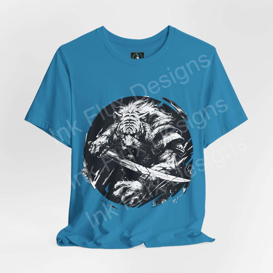 Blue unisex T-shirt featuring a bold graphic of a tiger warrior, ideal for those inspired by spirit animals, available from Bella+Canvas.