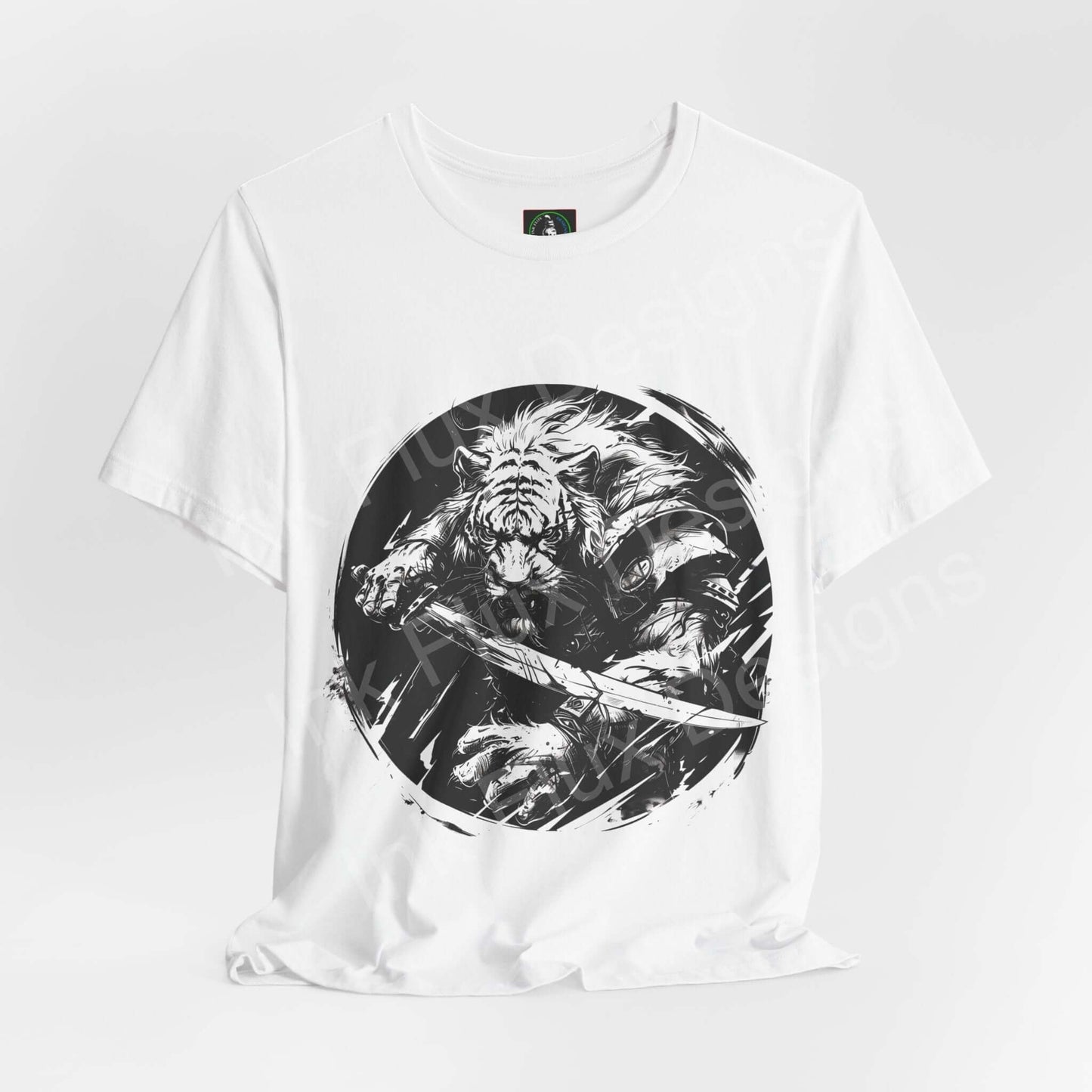 Unisex white graphic tee featuring a bold black and white Tiger Warrior II design, perfect for fans of spirit animals and stylish T-shirts.