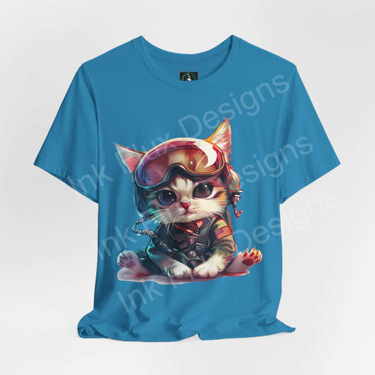 Graphic tee featuring a whimsical cat wearing a helmet and goggles design on a vibrant blue unisex T-shirt.