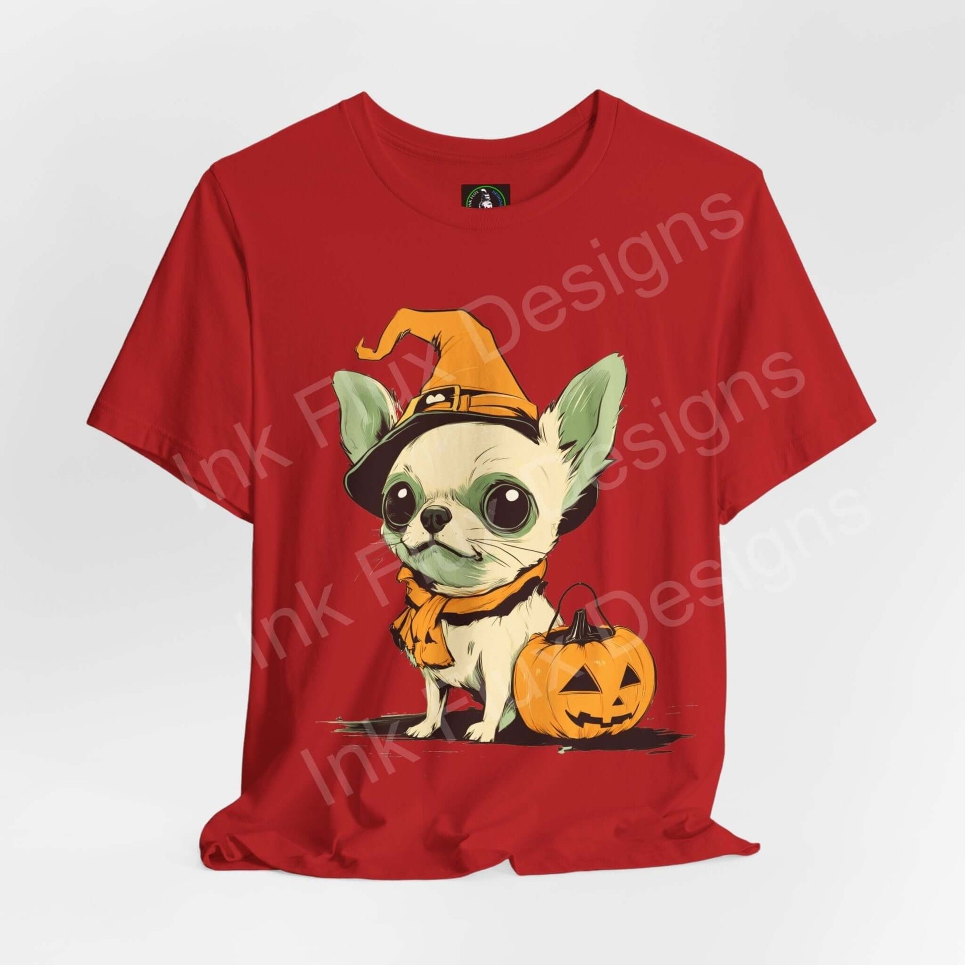 Red Halloween-themed graphic tee featuring a cute Chihuahua in a witch hat with a pumpkin, perfect for Halloween.