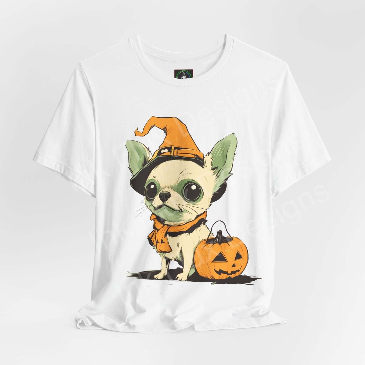 Halloween-themed Trick o Treat Chihuahua graphic tee featuring a cute Chihuahua in a witch hat with a pumpkin, perfect for festive occasions.