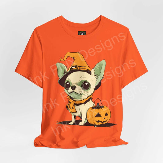 Halloween-themed orange T-shirt featuring a graphic of a Chihuahua in a witch hat with a pumpkin basket, ideal for casual wear.