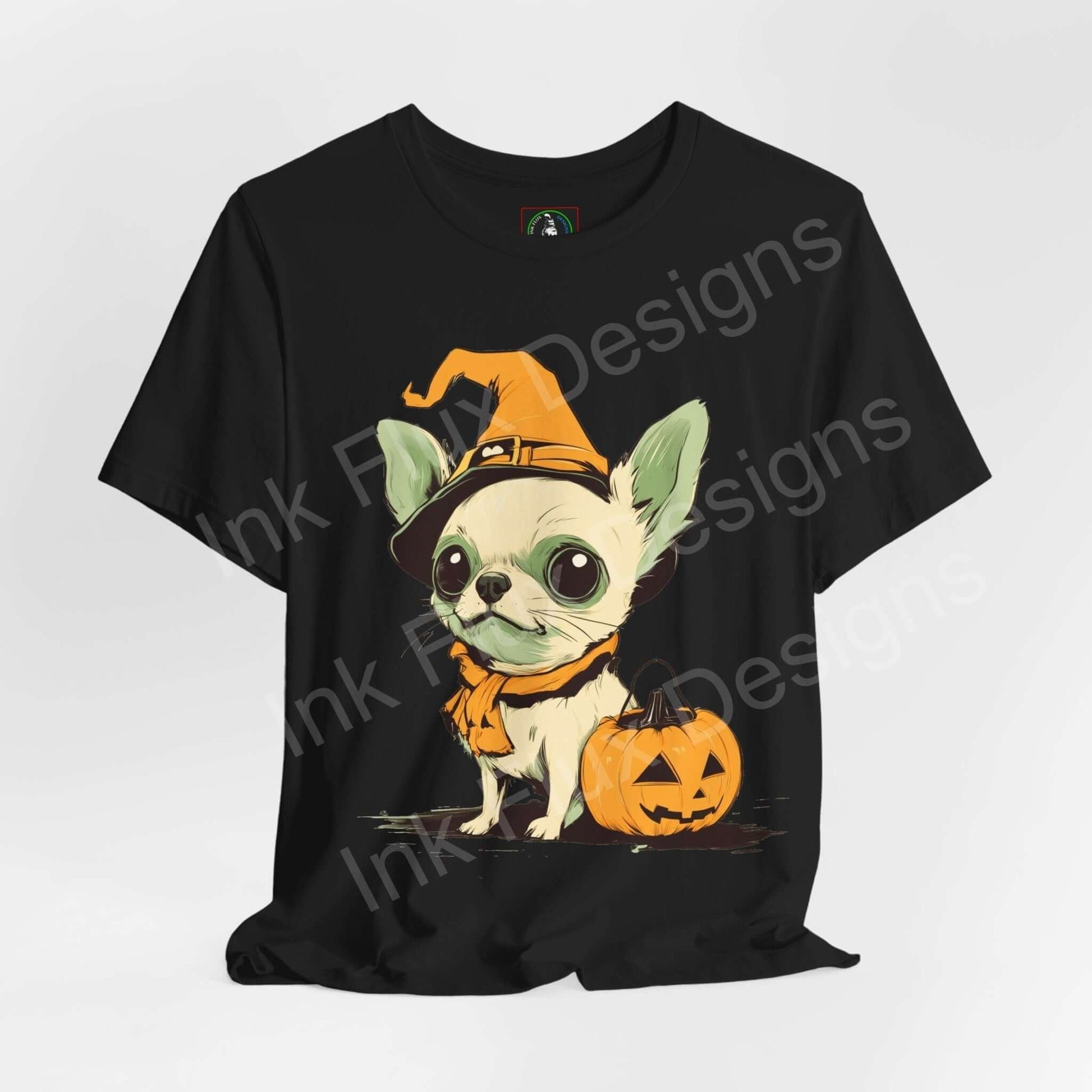 Black Halloween-themed T-shirt featuring a Chihuahua in a witch hat with a pumpkin, ideal for graphic tee enthusiasts.