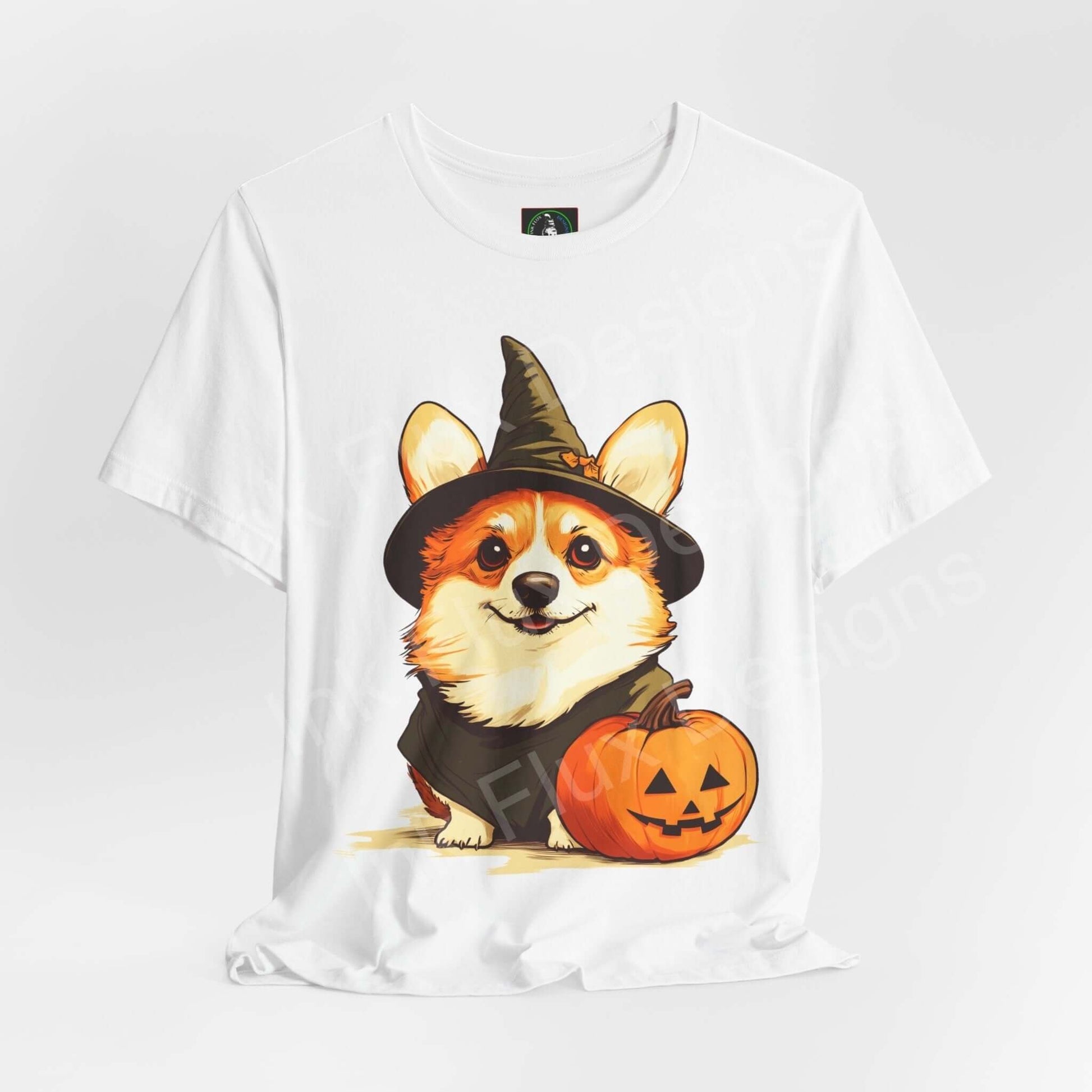 Halloween-themed graphic tee featuring a cute Corgi in a witch hat with a pumpkin on a white unisex jersey T-shirt.