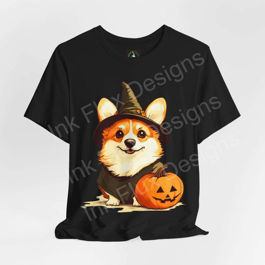 Halloween-themed black T-shirt featuring a cute corgi in a witch hat with a pumpkin, perfect for graphic tee enthusiasts.