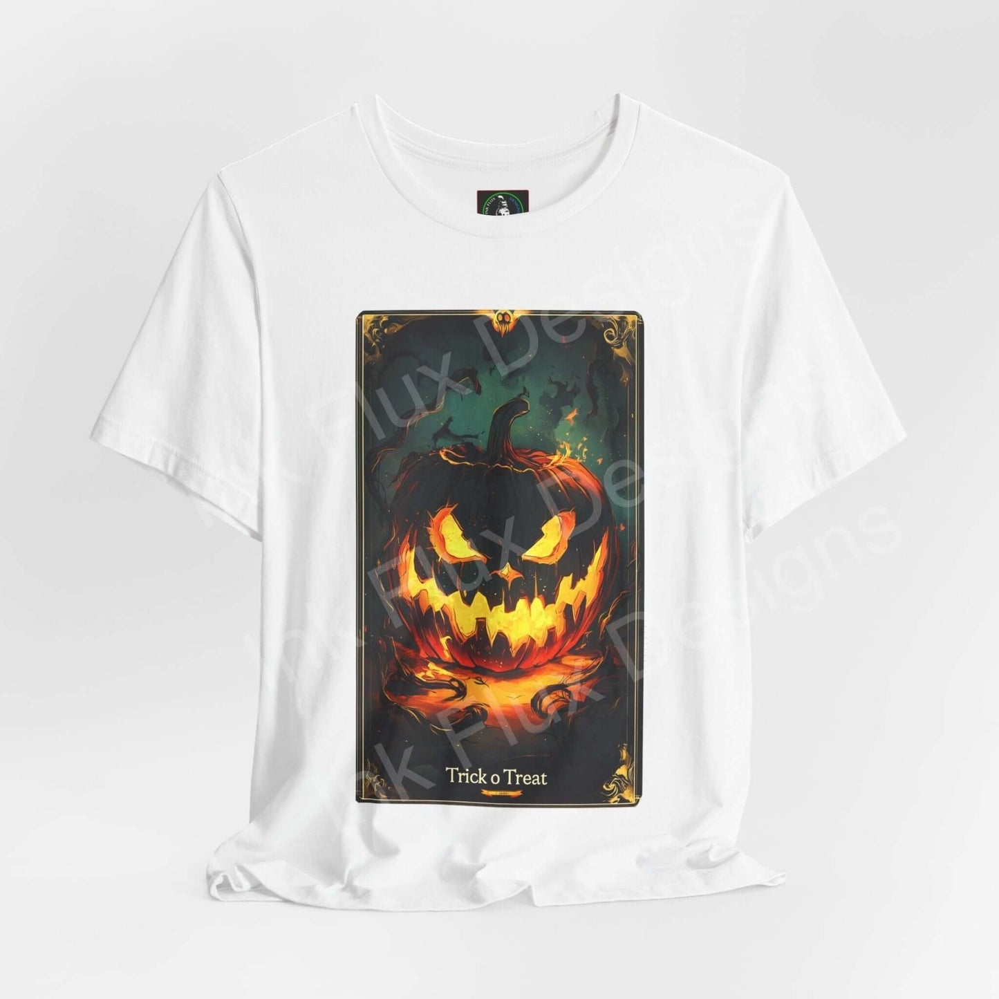 Halloween-themed graphic tee featuring a vibrant Jack o Lantern design, labeled "Trick o Treat" on a white unisex T-shirt.