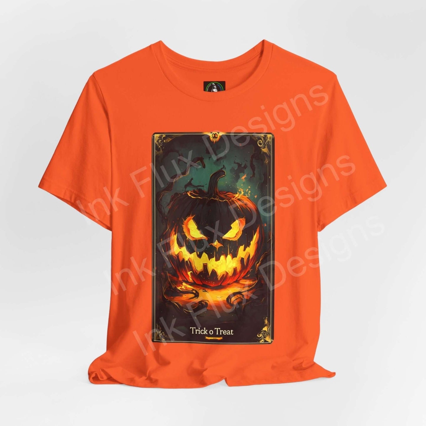 Orange Halloween T-shirt featuring a vibrant Jack o Lantern graphic, ideal for Trick or Treat events, from Bella+Canvas.