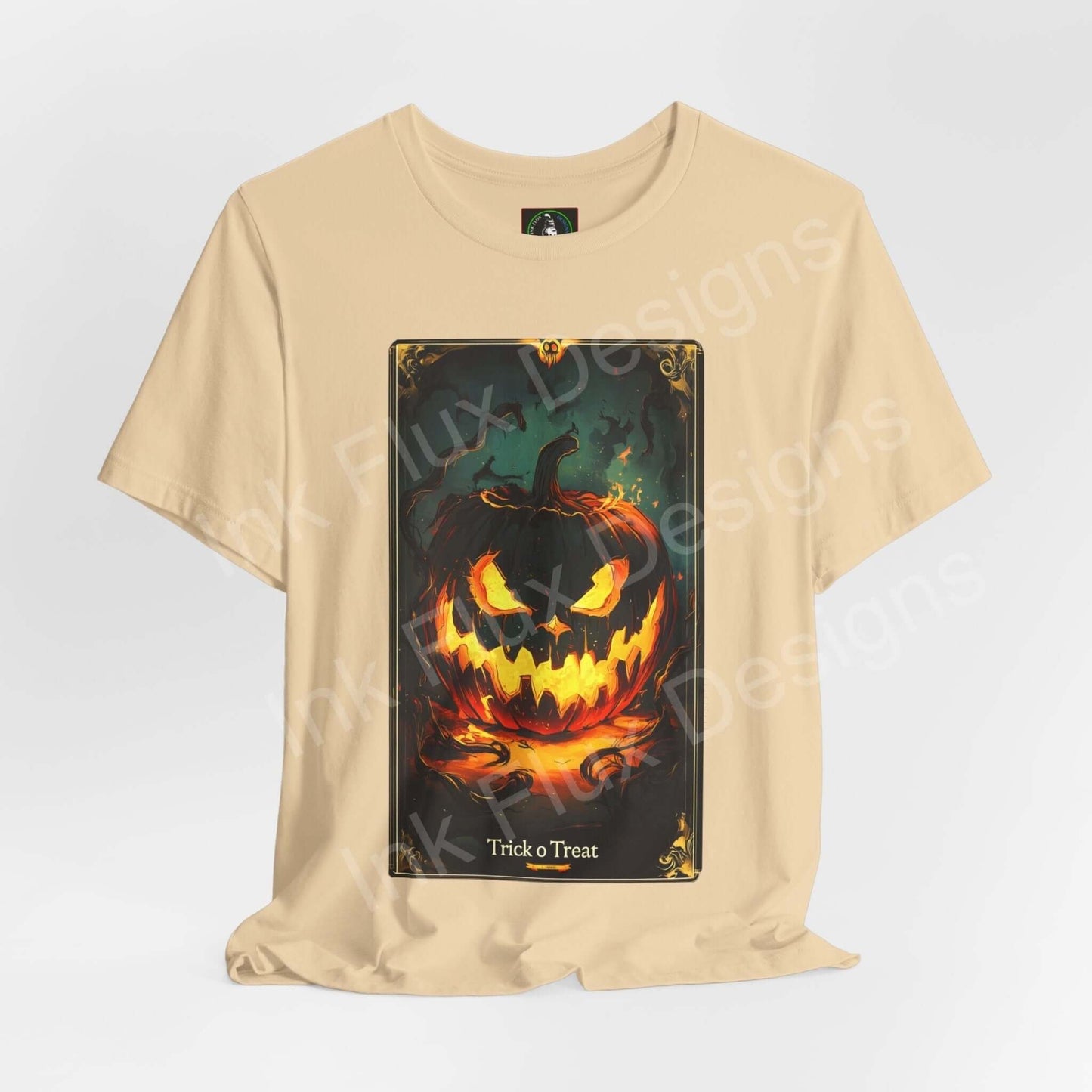 Beige Halloween graphic tee featuring a vibrant Jack o Lantern design, ideal for Halloween-themed events and casual wear.