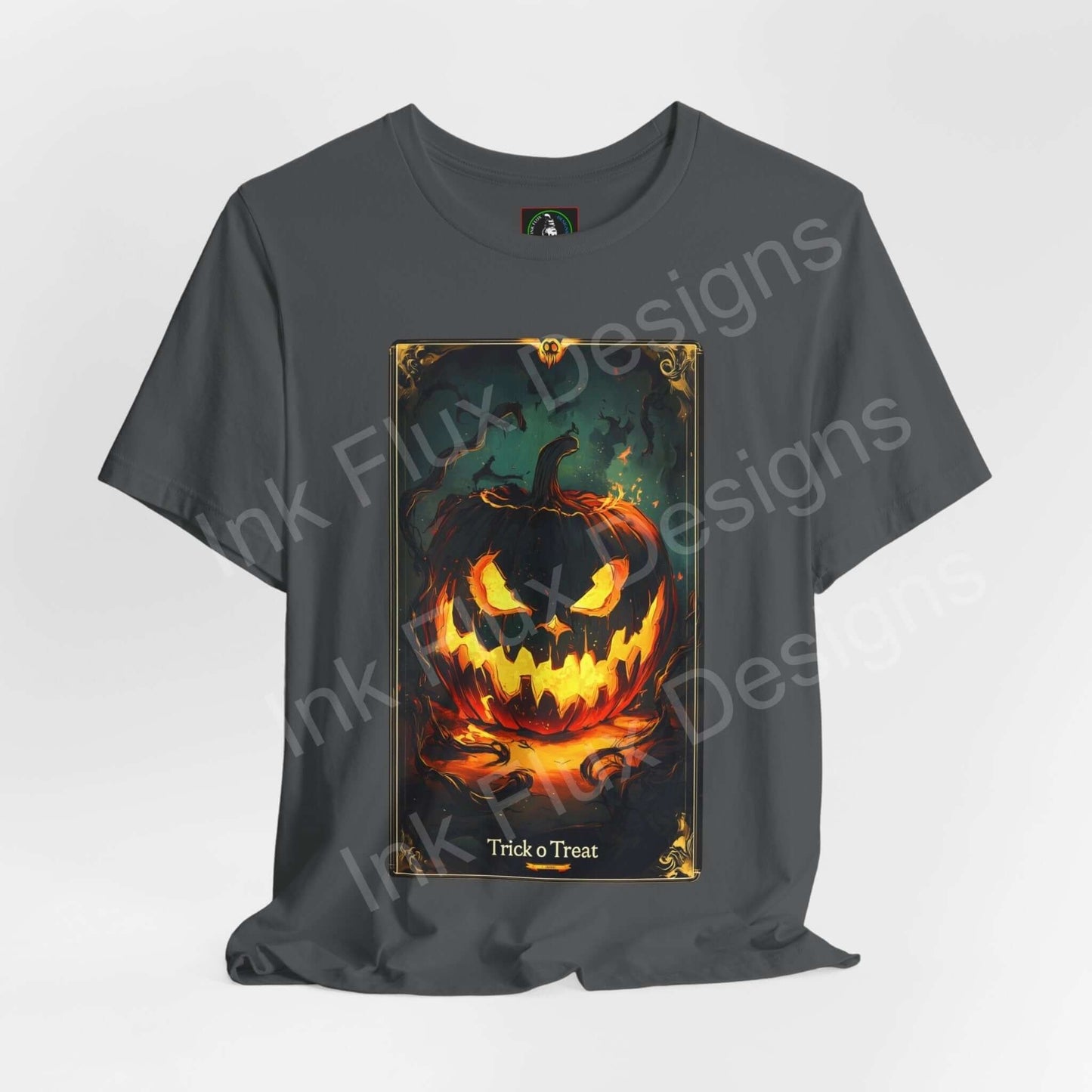 Halloween-themed Trick o Treat Jack o Lantern graphic tee in gray, featuring a vibrant, fiery pumpkin design, perfect for Halloween.