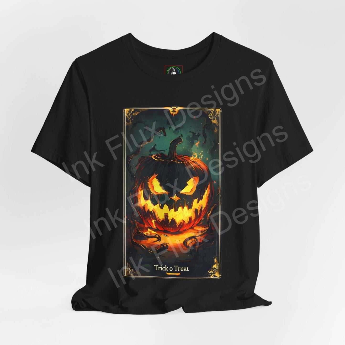 Halloween-themed black T-shirt with a vibrant Jack o Lantern graphic, titled "Trick o Treat," perfect for seasonal wear.