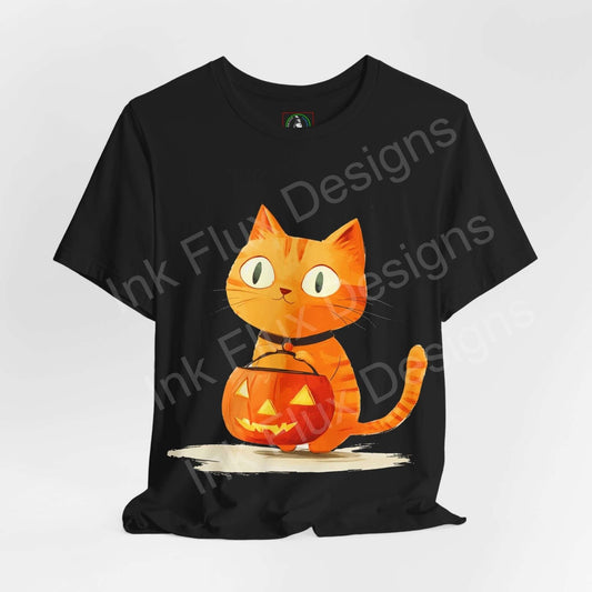 Unisex black Halloween T-shirt featuring an orange cat with a pumpkin design, crafted from Airlume cotton, ideal for graphic tee collectors.