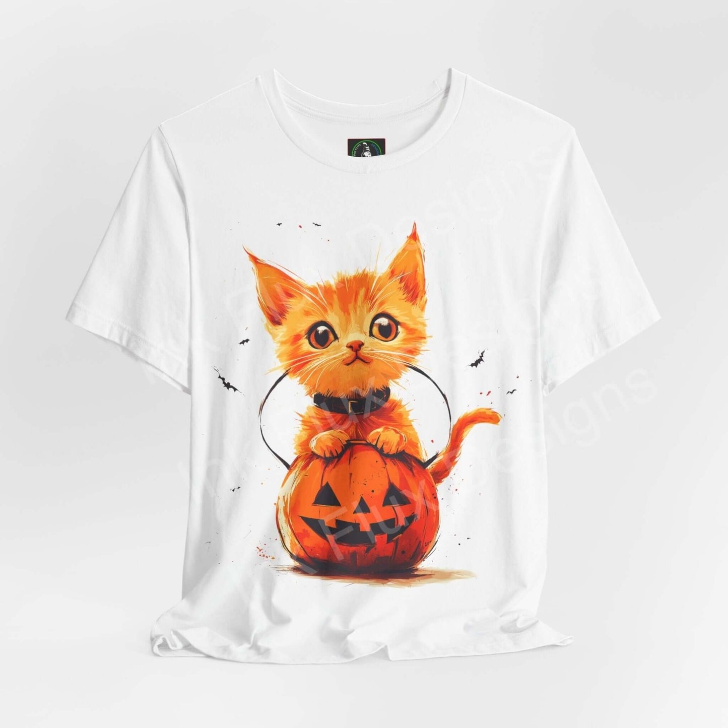 Halloween-themed white T-shirt featuring a graphic of an orange cat sitting in a pumpkin, ideal for casual wear.