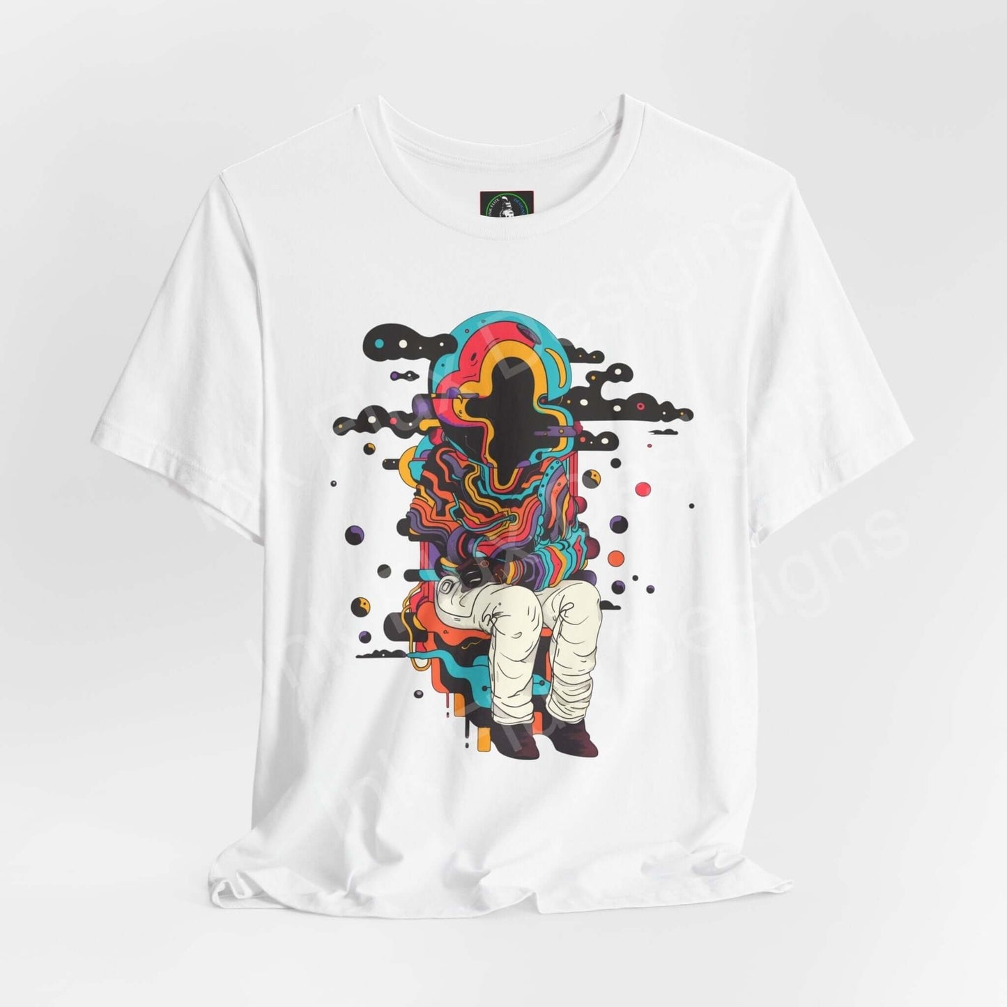 Trippy unisex white T-shirt featuring bold psychedelic graphic with vibrant, colorful abstract patterns and shapes.