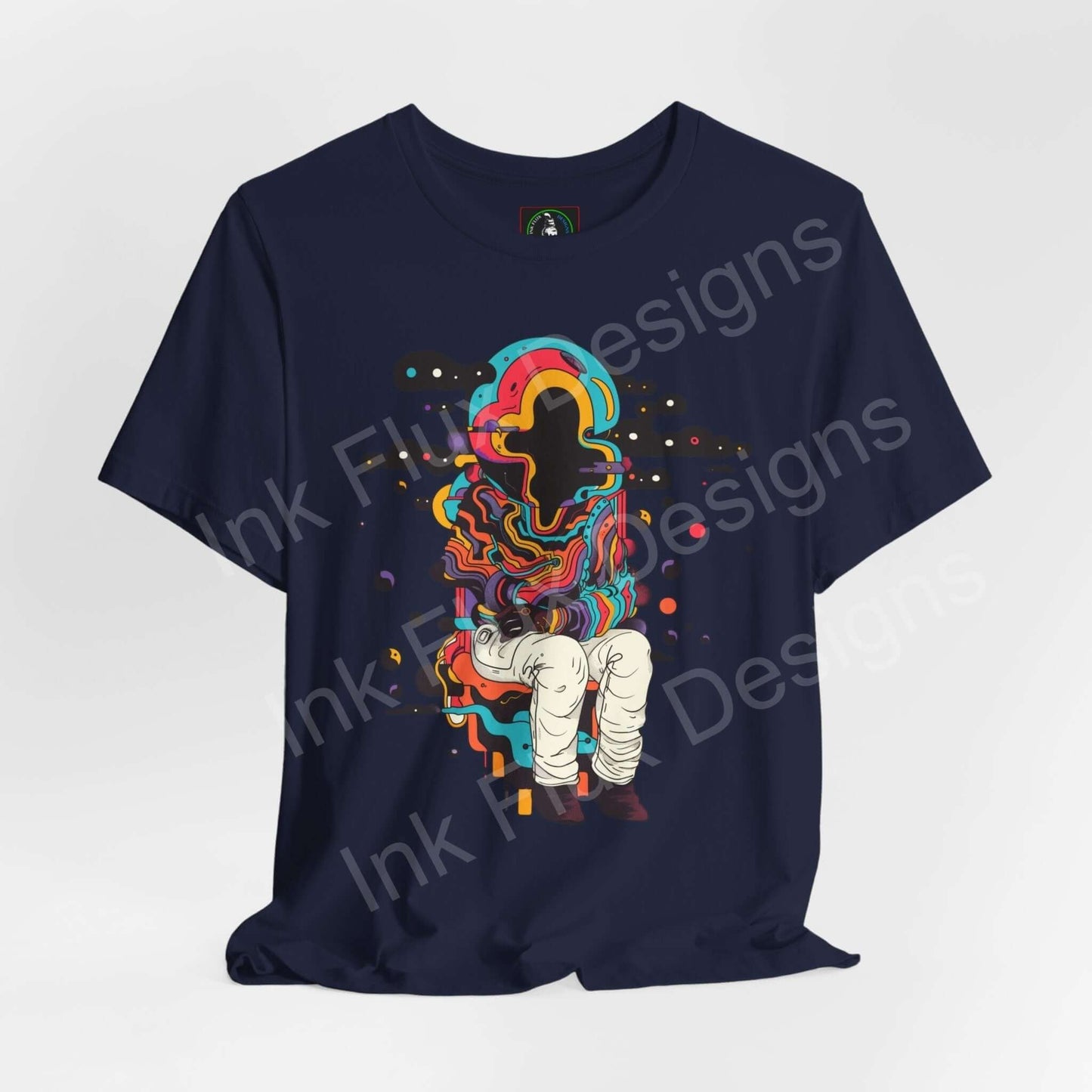 Navy Trippy T-shirt featuring a colorful, psychedelic graphic with abstract shapes and bold designs, by Bella+Canvas, perfect for stylish comfort.