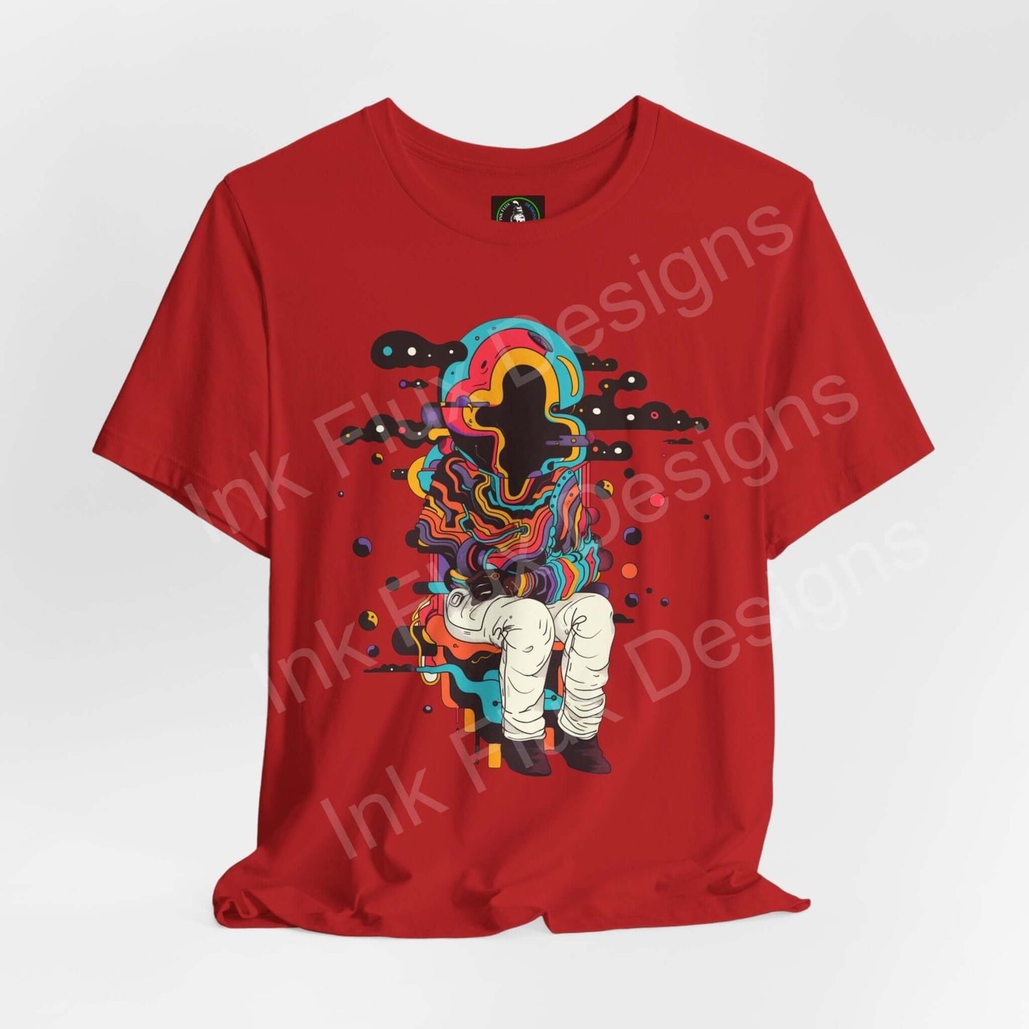 Red unisex Trippy T-shirt featuring bold psychedelic graphics with vibrant, colorful design on Airlume cotton fabric.