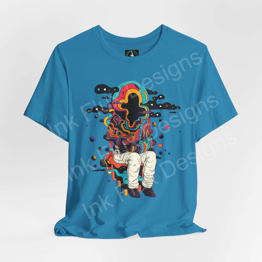 Trippy blue T-shirt featuring bold psychedelic graphic with vibrant, colorful explosion and abstract elements, perfect for fans of unique graphic tees.
