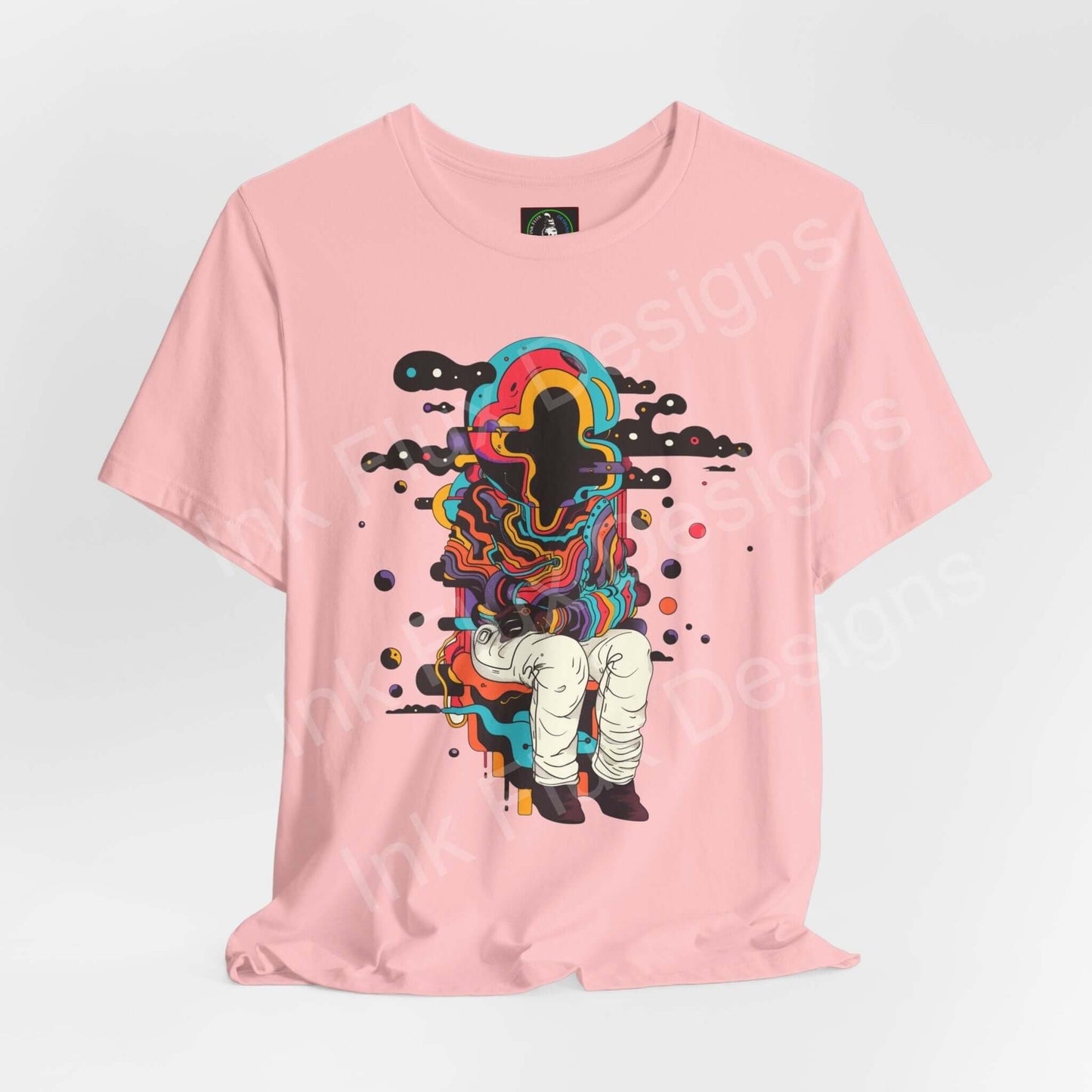 Pink Trippy T-shirt featuring bold psychedelic graphic with abstract multi-colored design on sustainable fabric