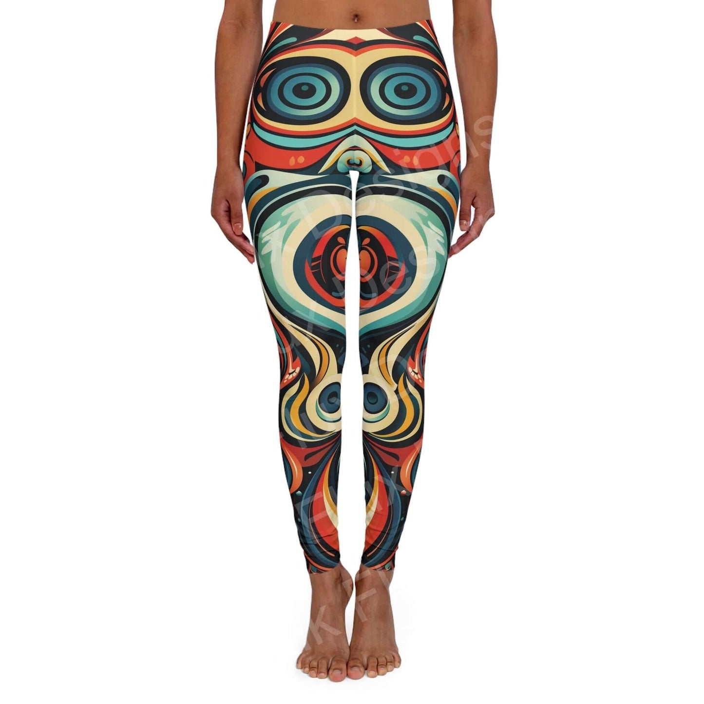 Woman wearing Trippy Leggings II with bold, colorful designs in a psychedelic pattern, front view.