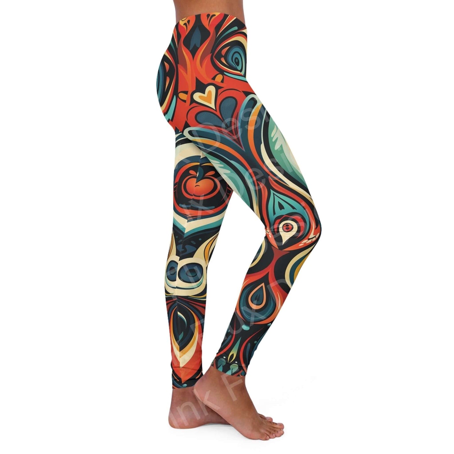Side view of Trippy Leggings II featuring bold, psychedelic designs in vibrant colors, highlighting the durable and stretchy fabric.