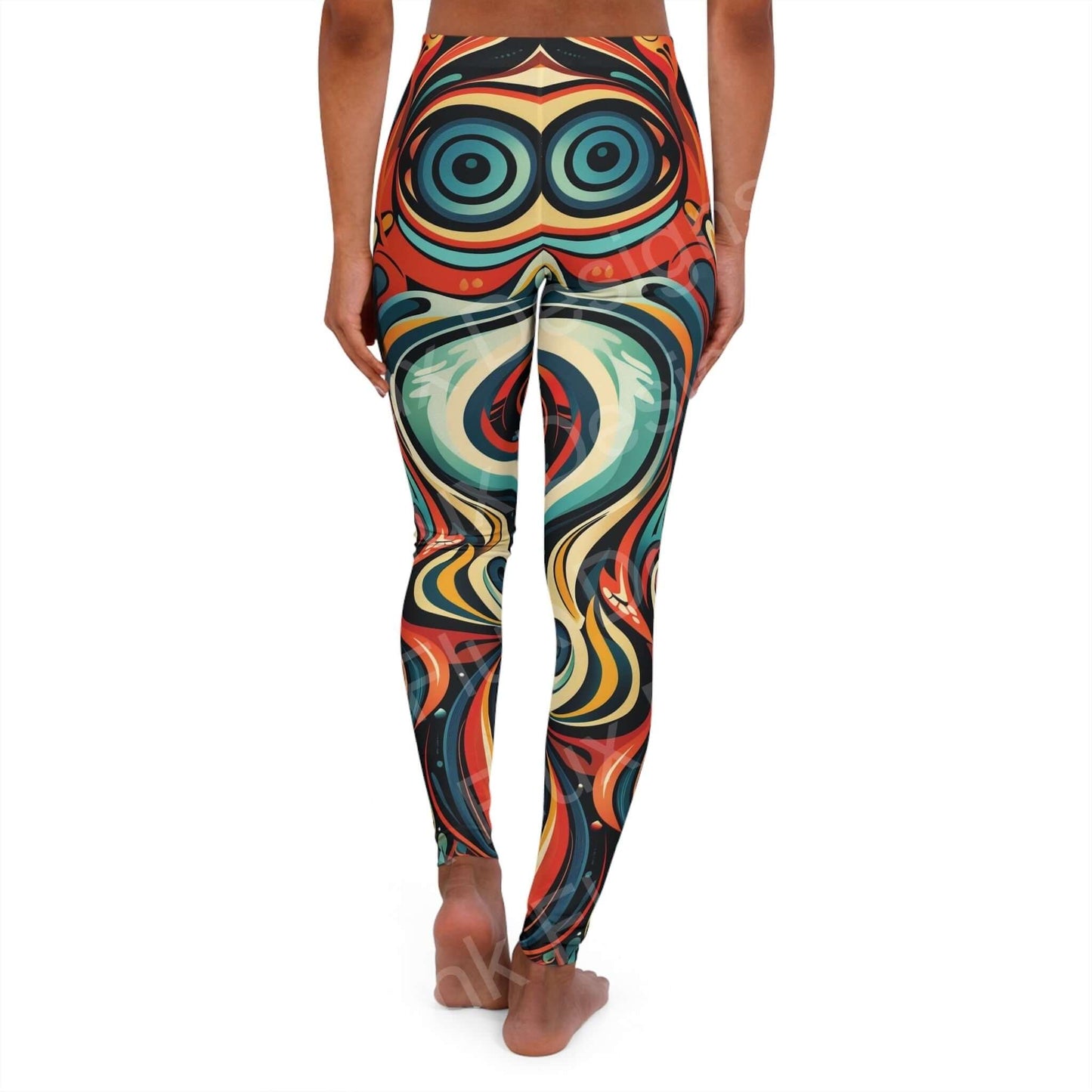 Woman wearing Trippy Leggings II with bold, psychedelic designs in front view, showcasing colorful patterns on stretchy fabric.