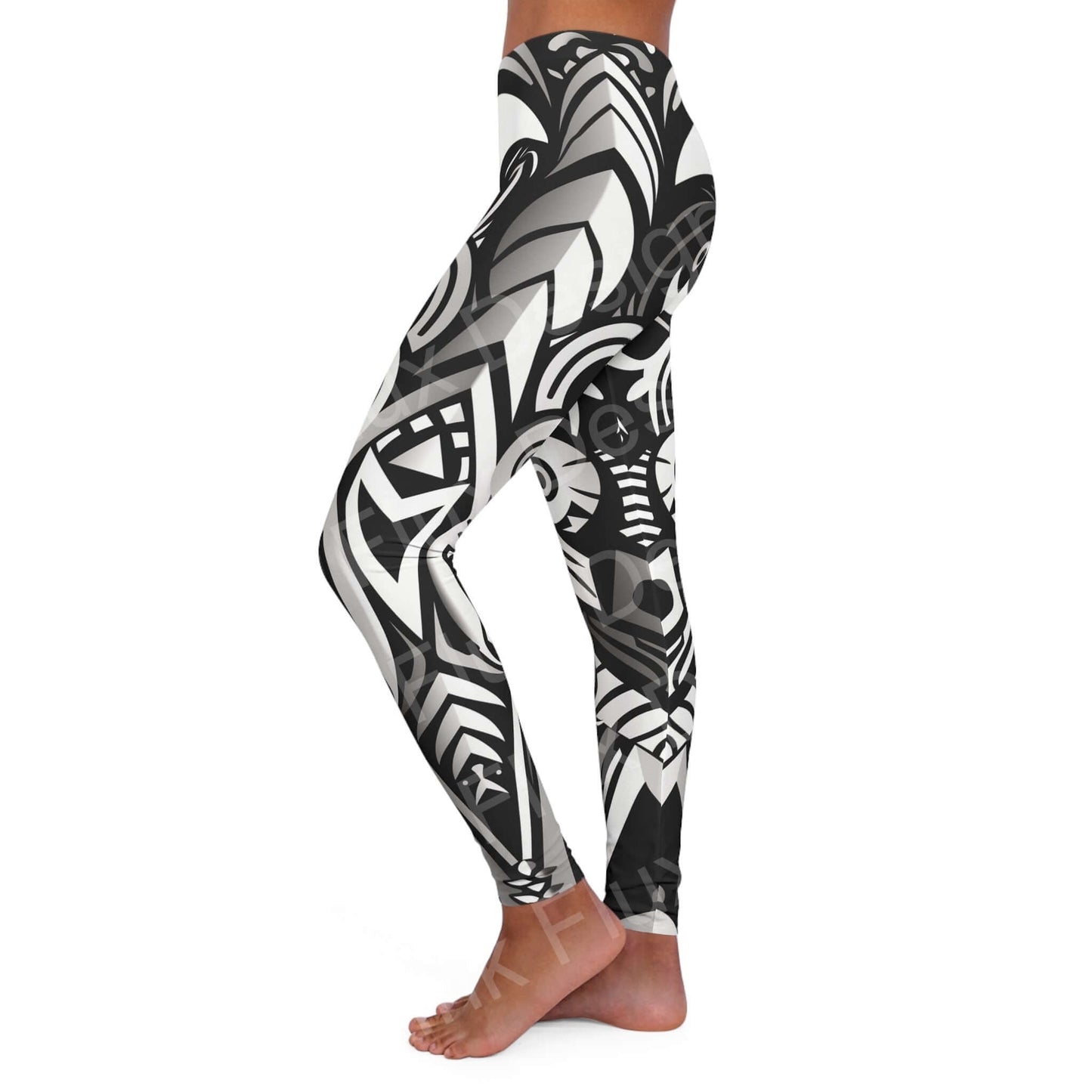 Side view of a woman wearing Trippy Leggings VIII featuring bold black and white designs, showcasing the stretchy fit and double layer waistband.