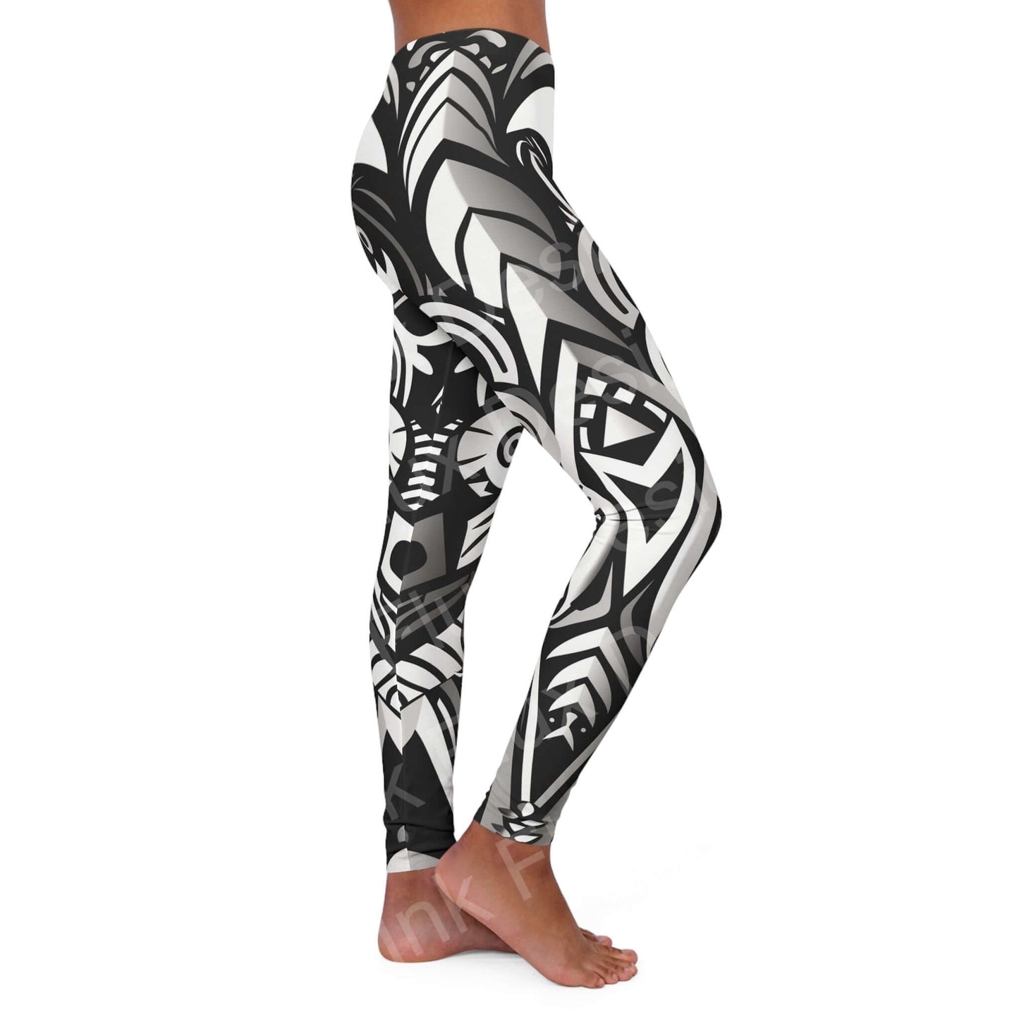 Side view of a woman wearing Trippy Leggings VIII with bold black and white abstract designs, showcasing the skinny fit and double-layer waistband.