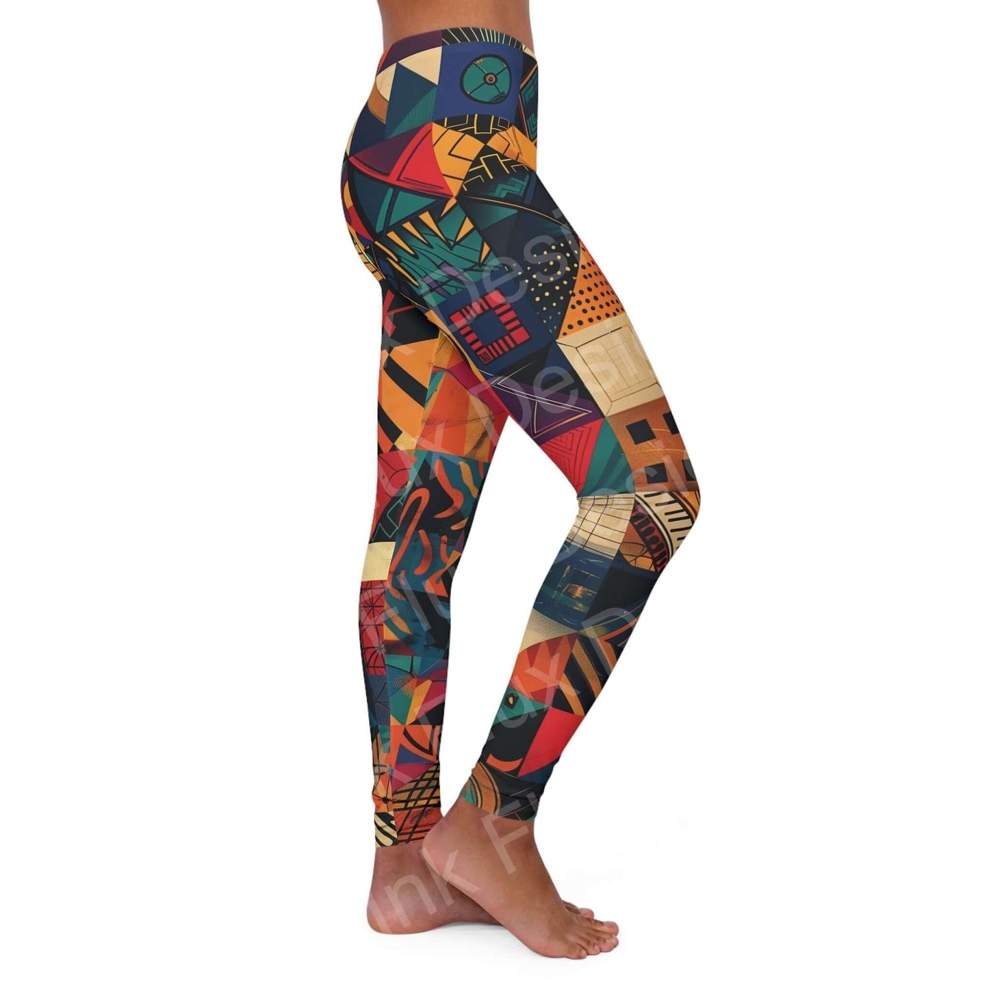 Side view of Trippy Leggings XIII with bold geometric and abstract designs, showing the stretchy fit and double-layer waistband.