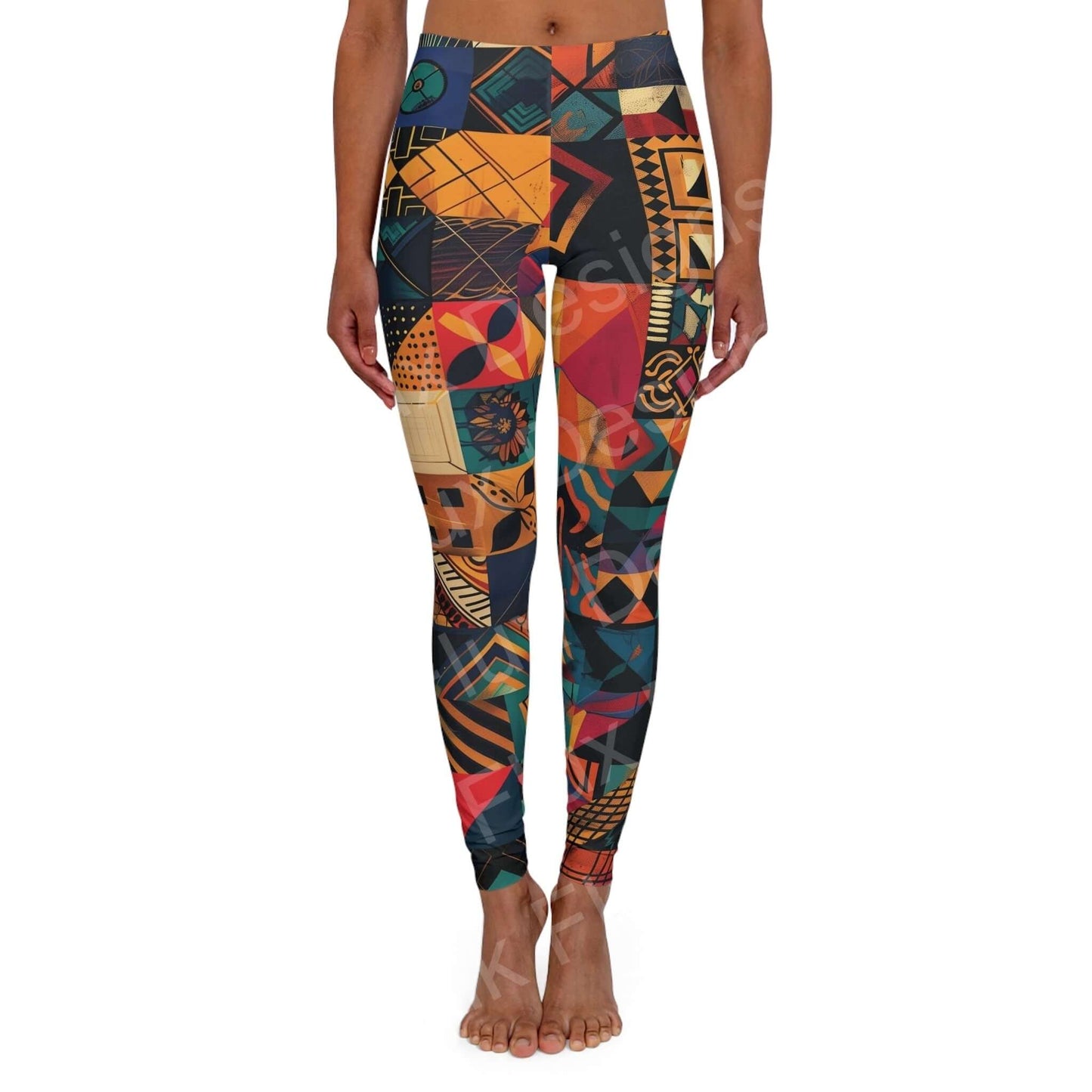 Woman wearing Trippy Leggings XIII with bold, colorful geometric designs, showcasing a skinny fit and double-layer waistband.