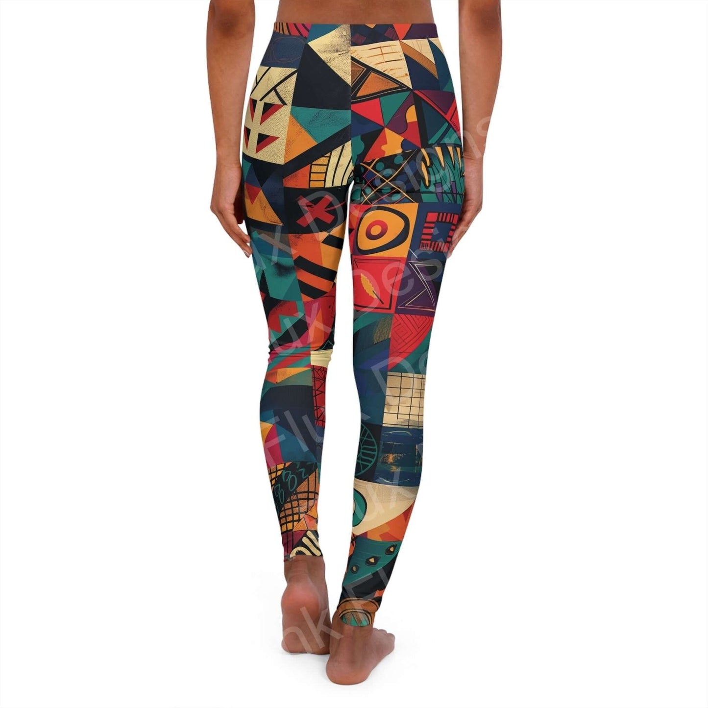 Woman wearing Trippy Leggings XIII with bold geometric patterns, back view showcasing skinny fit and double layer waistband.