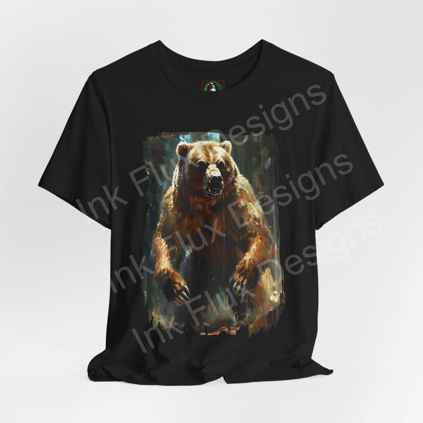 Black graphic T-shirt featuring a dynamic Kodiak bear print, embodying the spirit of wild animals, perfect for those who appreciate unique and ethically made apparels.