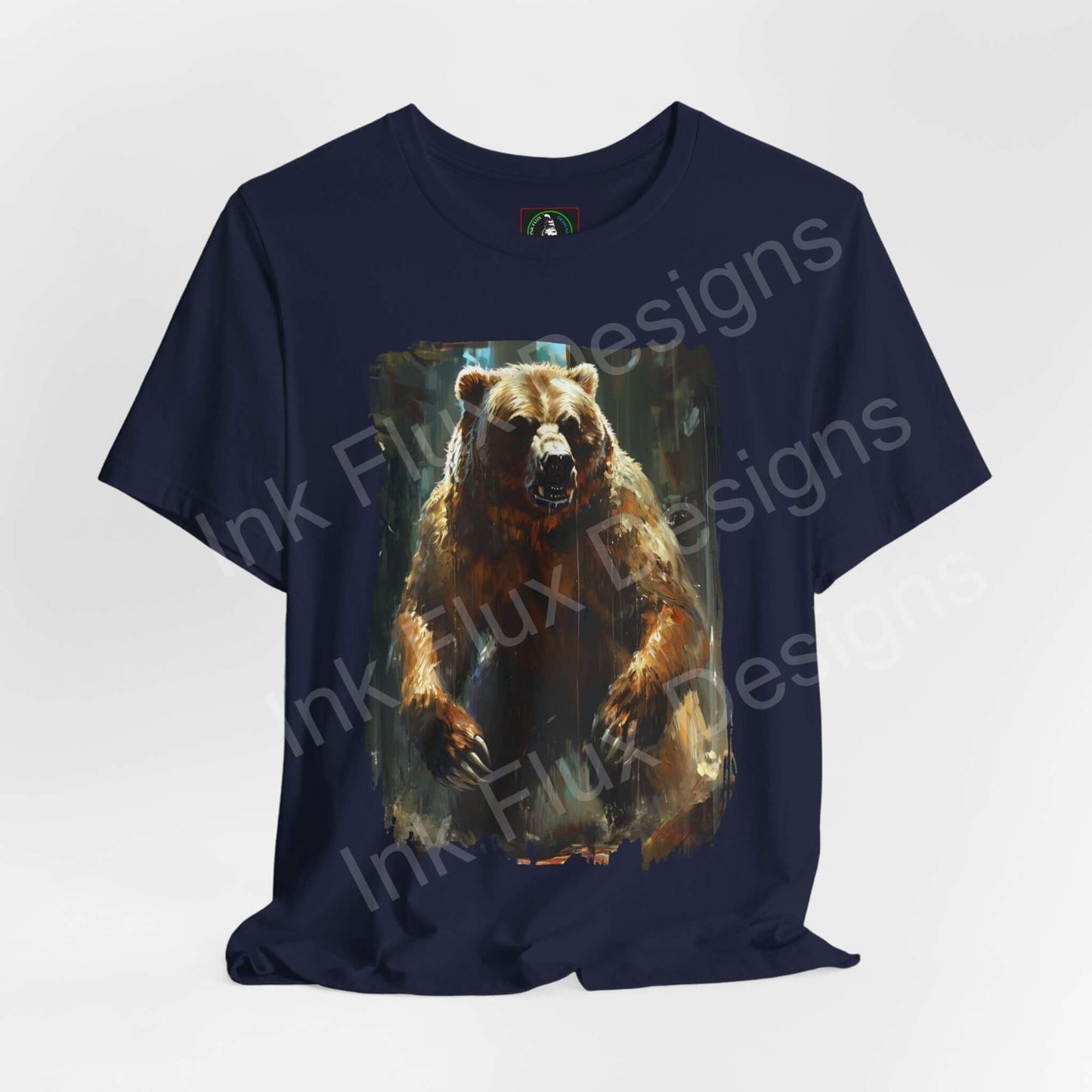 Navy blue graphic tee featuring a dynamic Kodiak bear print, perfect for lovers of spirit animals and sustainable fashion.