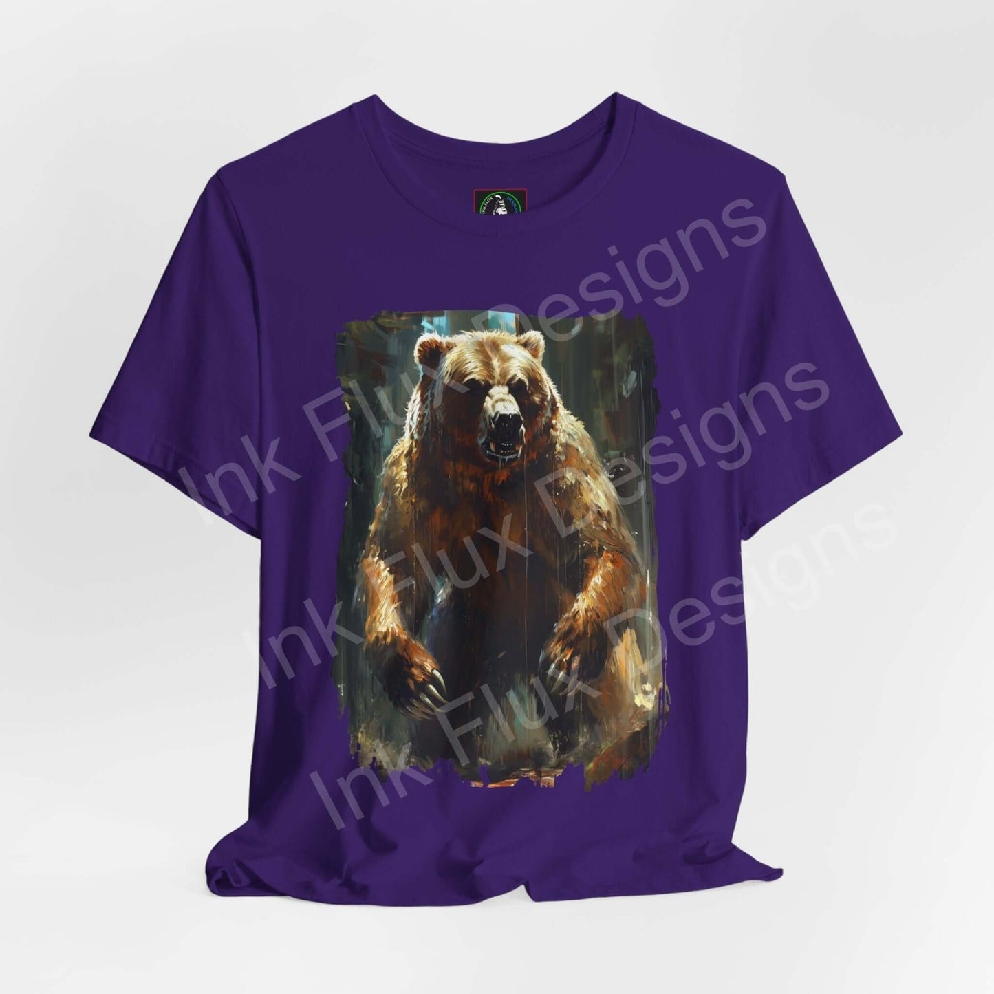 Unisex purple T-shirt featuring a vivid graphic of a roaring Kodiak bear, part of the Unstoppable Kodiak Bear II collection, ideal for fans of spirit animals and graphic tees.