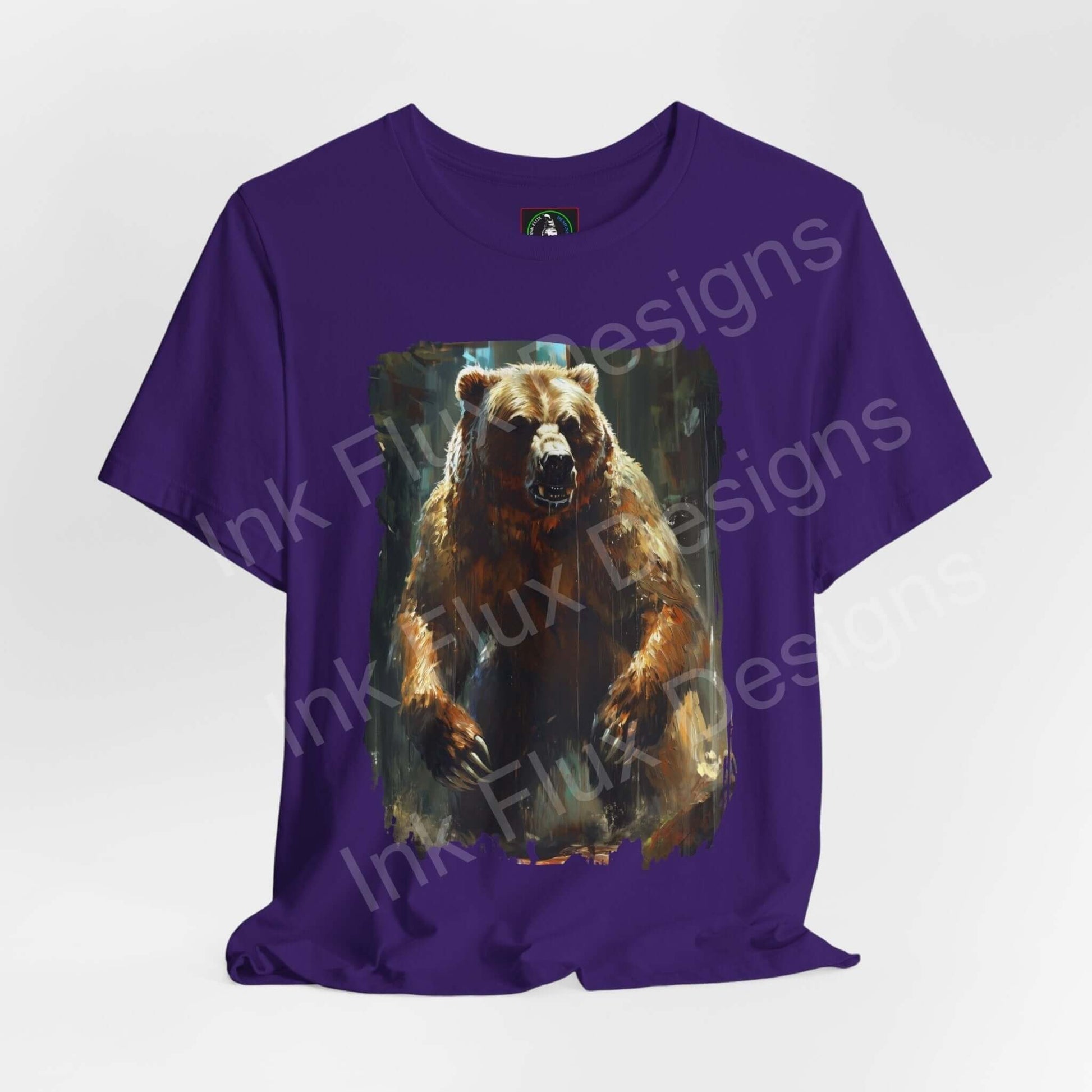 Unisex purple T-shirt featuring a vivid graphic of a roaring Kodiak bear, part of the Unstoppable Kodiak Bear II collection, ideal for fans of spirit animals and graphic tees.