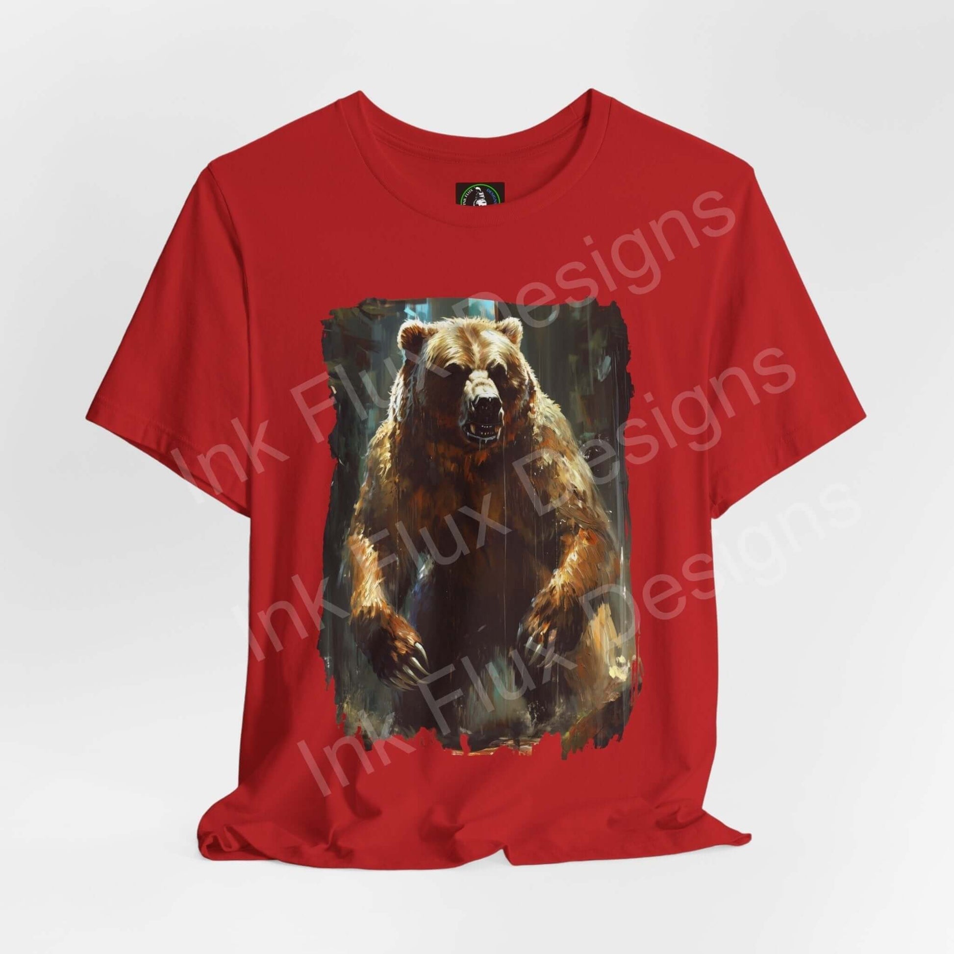 Red Unisex T-shirt featuring a vivid graphic of a roaring Kodiak bear, made from soft Airlume cotton, perfect for animal lovers.