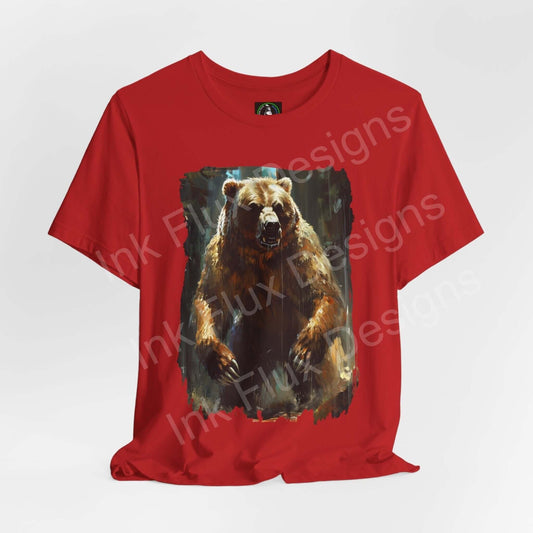 Red Unisex T-shirt featuring a vivid graphic of a roaring Kodiak bear, made from soft Airlume cotton, perfect for animal lovers.