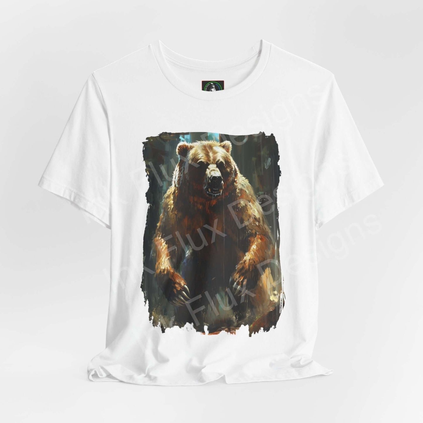 Unisex white tee featuring a bold graphic of a roaring Kodiak bear, ideal for lovers of spirit animals and graphic tees.