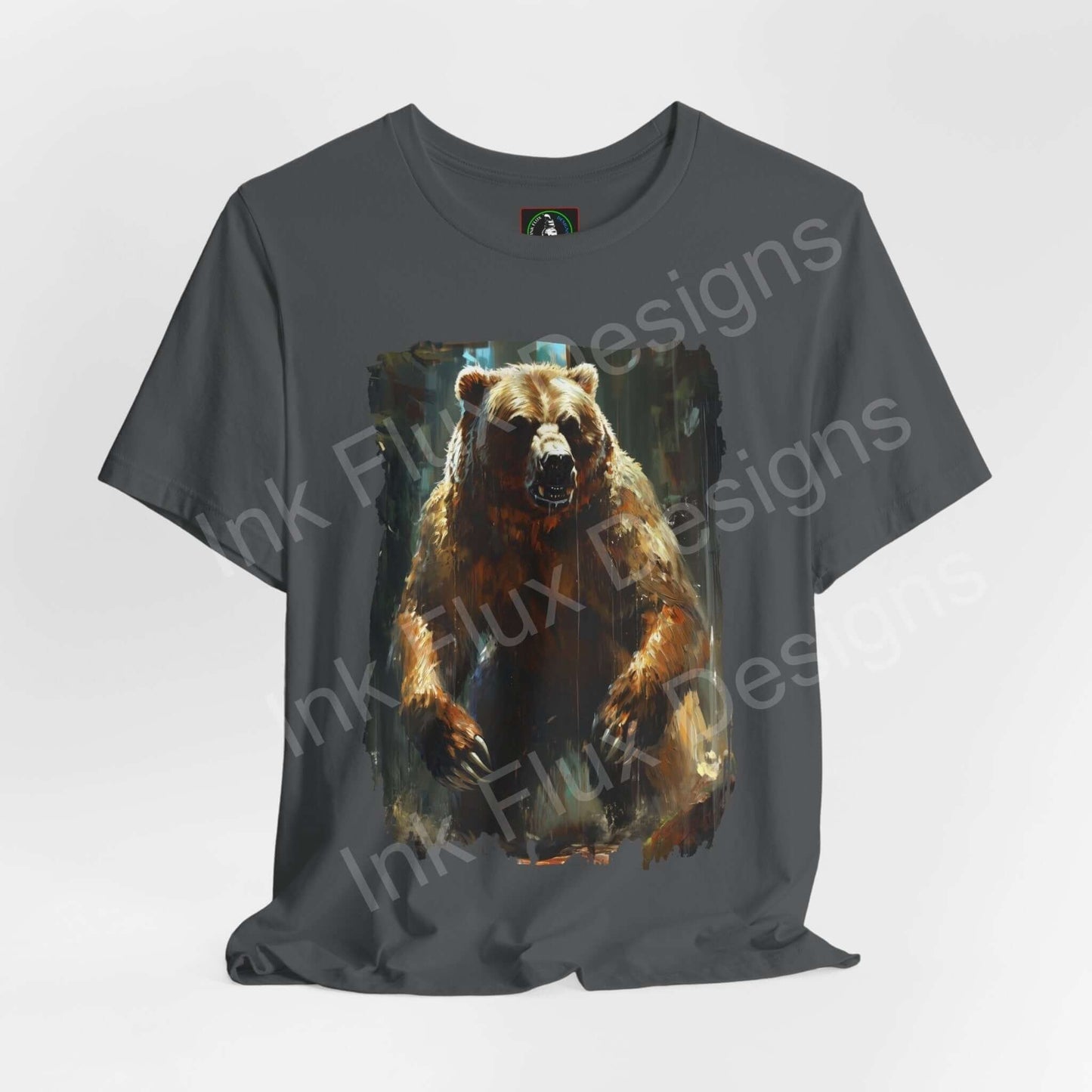 Unstoppable Kodiak Bear II graphic tee in dark gray, featuring a bold bear print, designed for style and comfort.