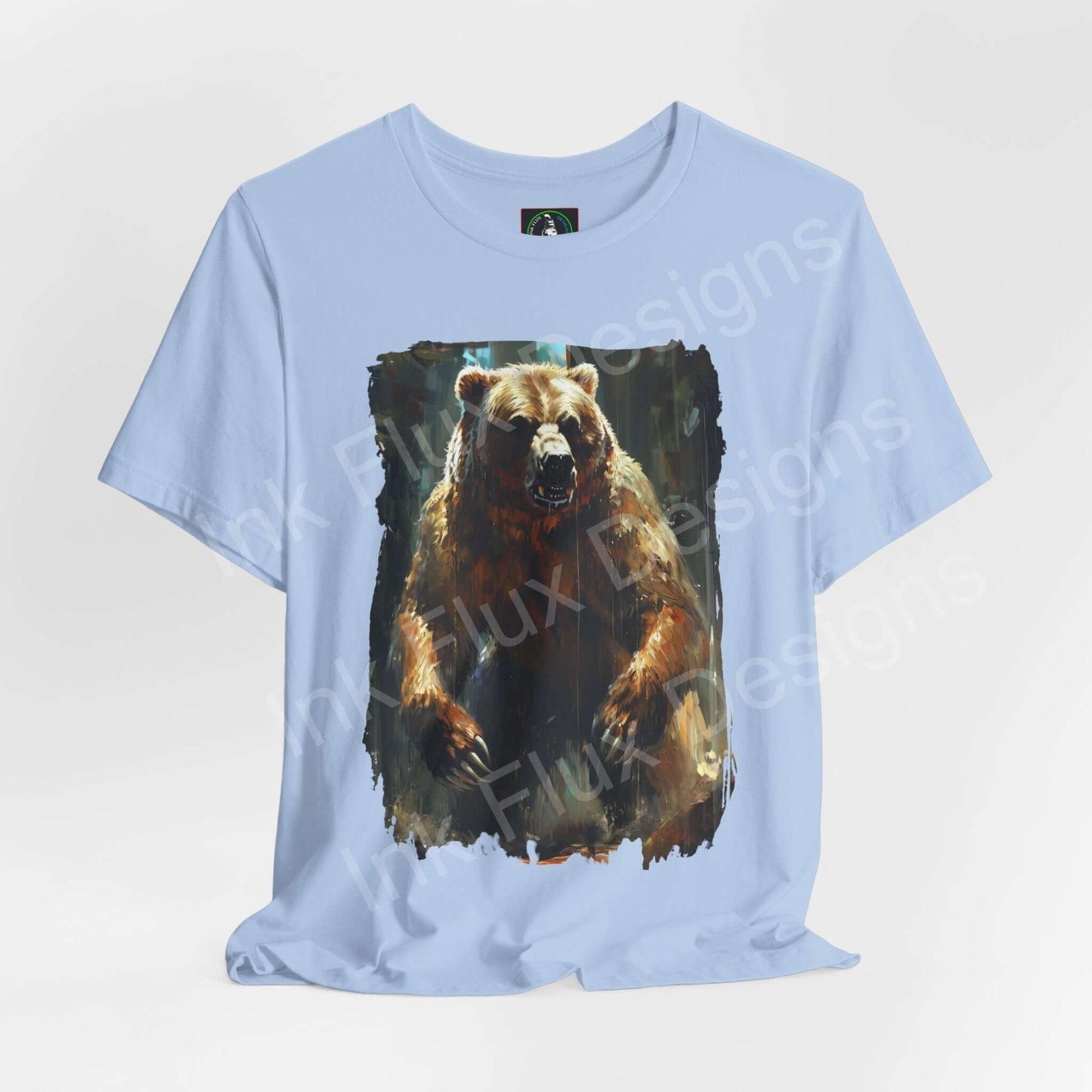 Light blue unisex T-shirt featuring a graphic of a roaring Kodiak bear, ideal for spirit animal inspired fashion.