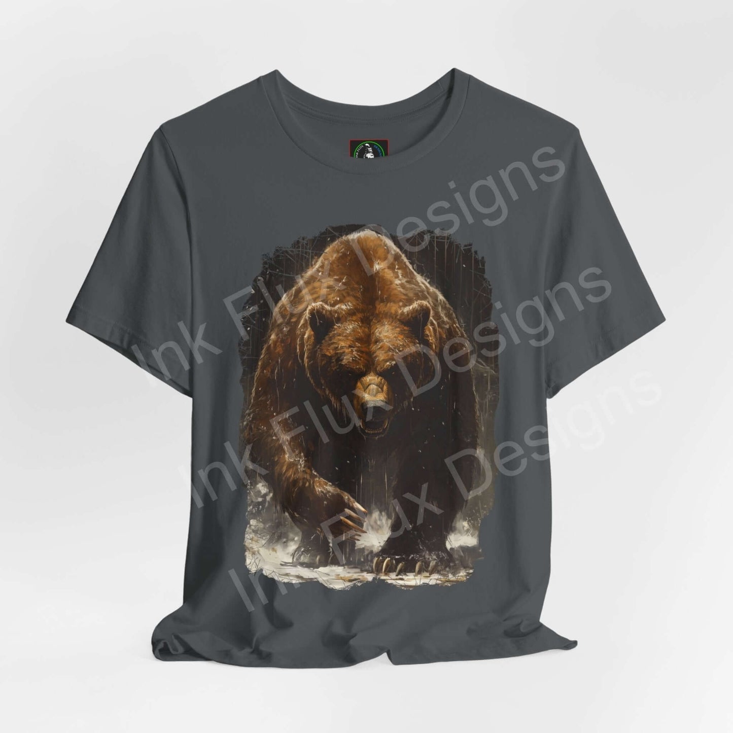 Unisex gray T-shirt featuring a graphic of a kodiak bear, ideal for lovers of spirit animals and stylish graphic tees.