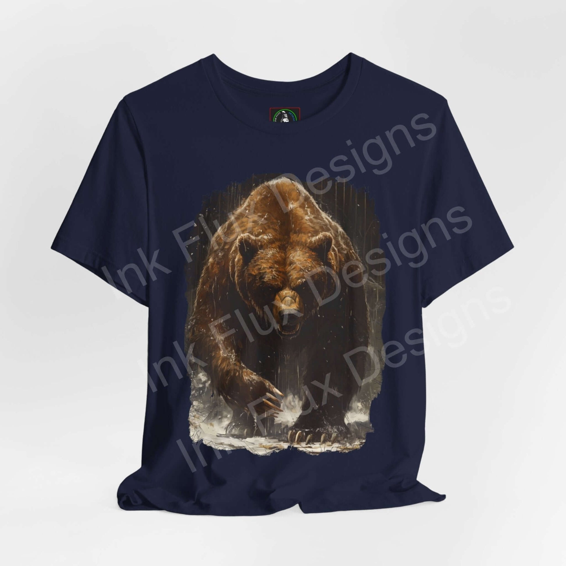 Unisex navy blue T-shirt featuring a graphic of a roaring Kodiak bear, ideal for fans of spirit animals and ethically made clothing.