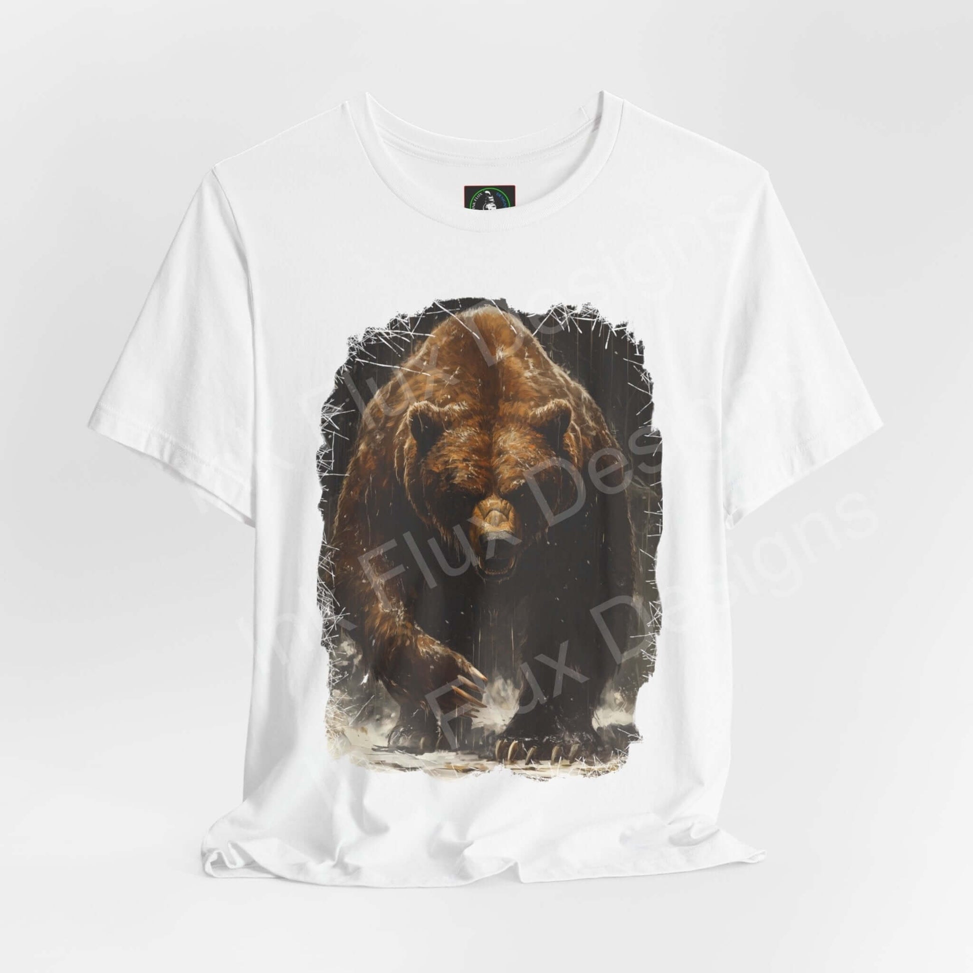 Unisex white T-shirt featuring a graphic of a Kodiak bear, ethically made by Bella+Canvas, ideal for fans of spirit animal-inspired graphic tees.