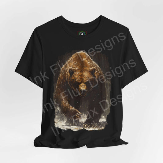 Black unisex T-shirt featuring a dynamic Kodiak bear graphic, ideal for those inspired by spirit animals and perfect for any casual occasion.