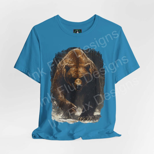 Graphic Tee featuring a fierce Kodiak bear design on a blue jersey shirt, blending style with a spirit animal motif.