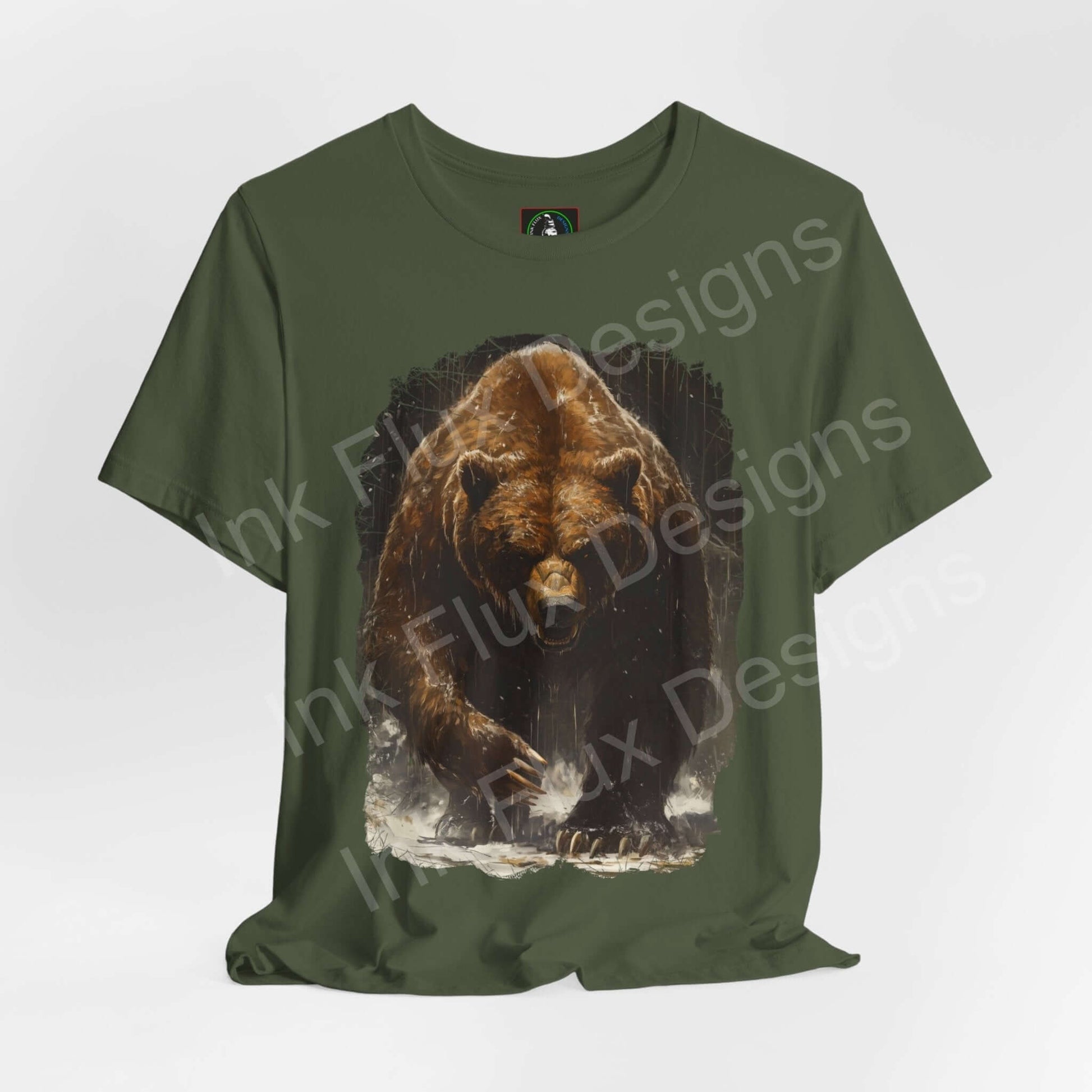 Unstoppable Kodiak bear graphic tee in green, featuring a dynamic bear design, crafted from sustainable Airlume cotton by Bella+Canvas, perfect for spirit animal enthusiasts.